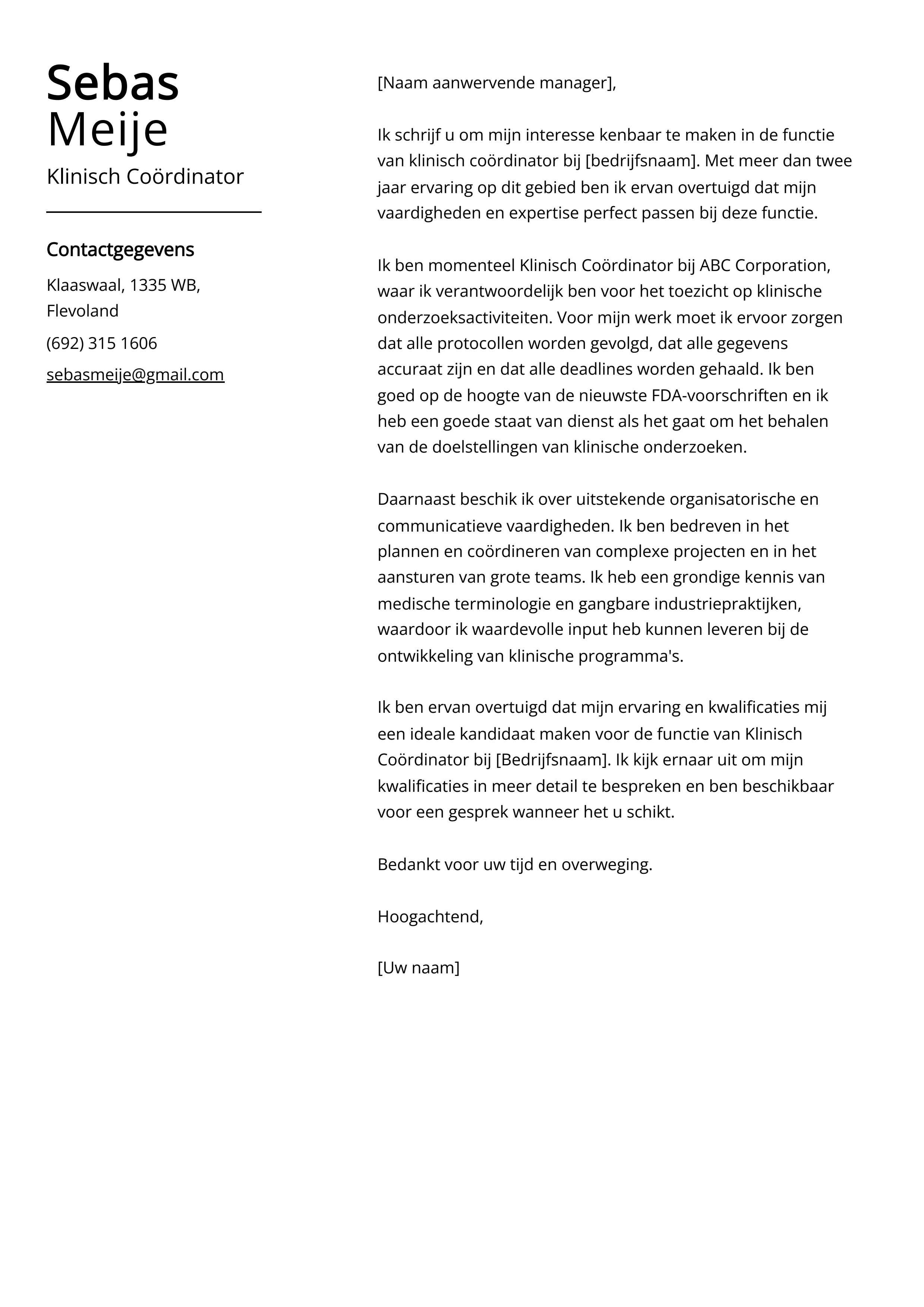 Klinisch Coördinator Voorbeeld sollicitatiebrief