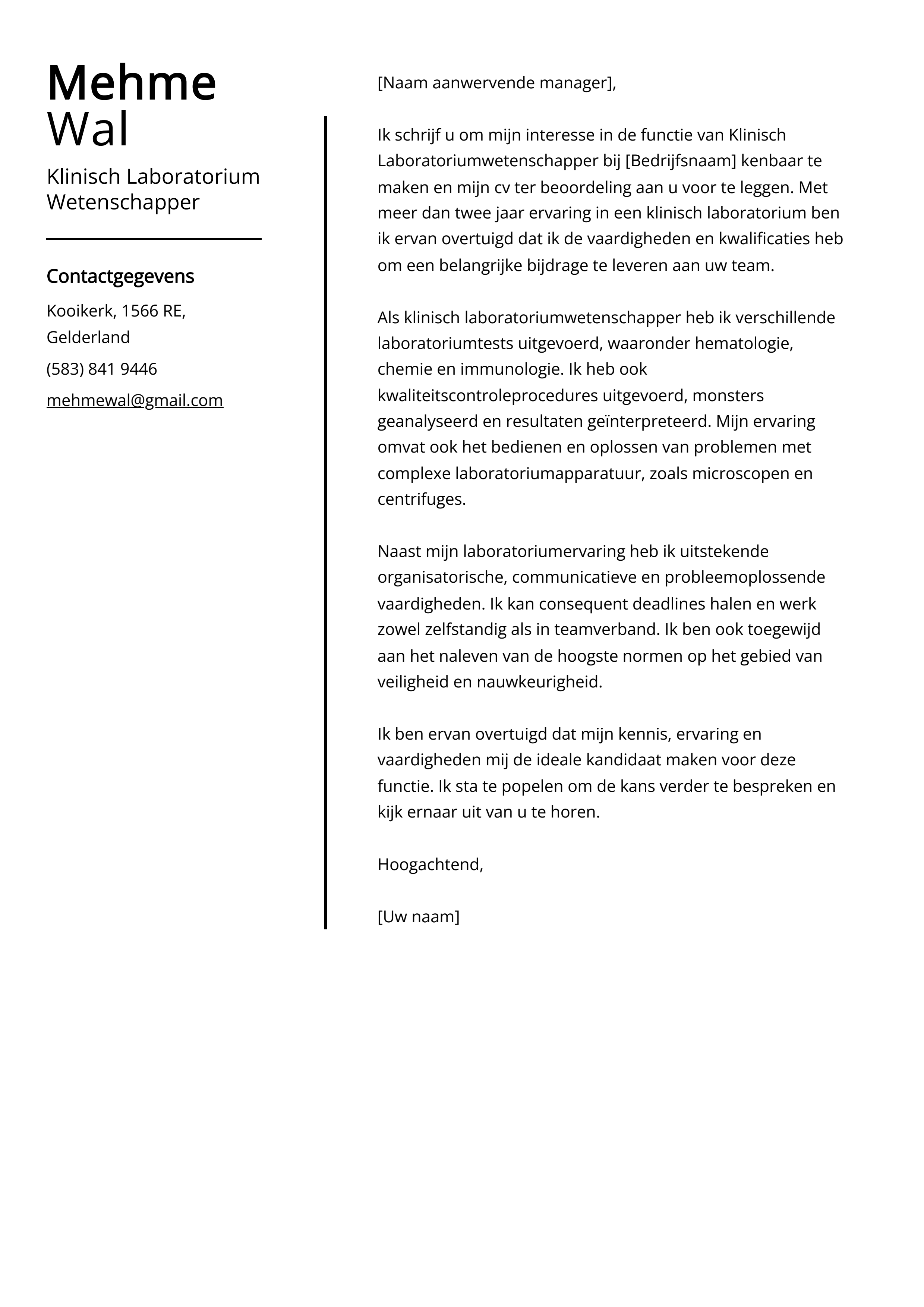 Klinisch Laboratorium Wetenschapper Voorbeeld sollicitatiebrief