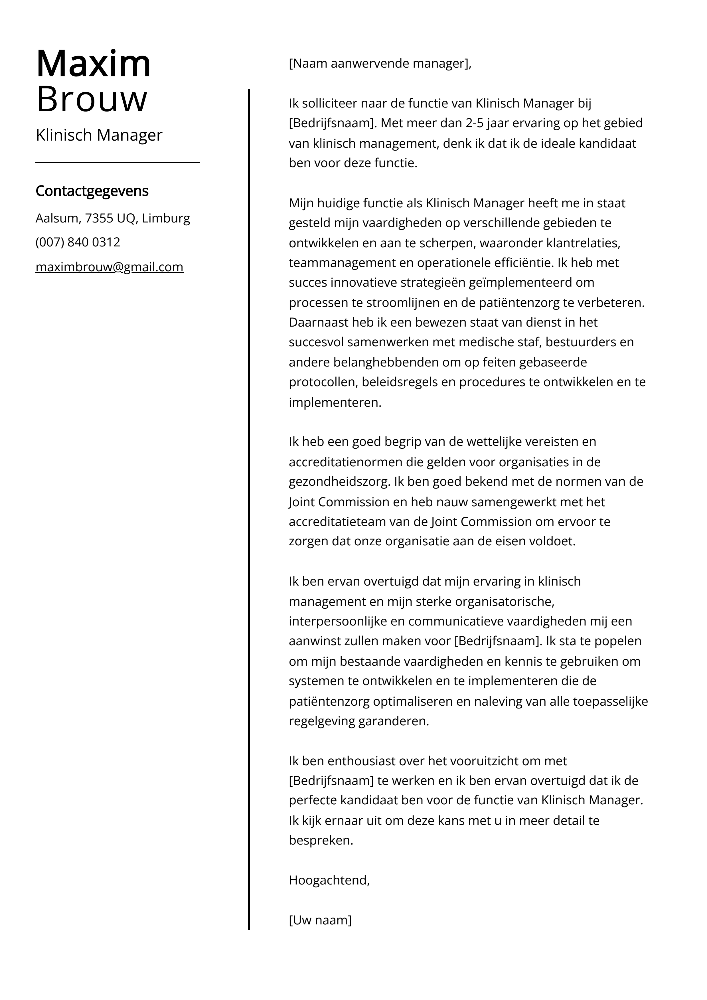 Klinisch Manager Sollicitatiebrief Voorbeeld