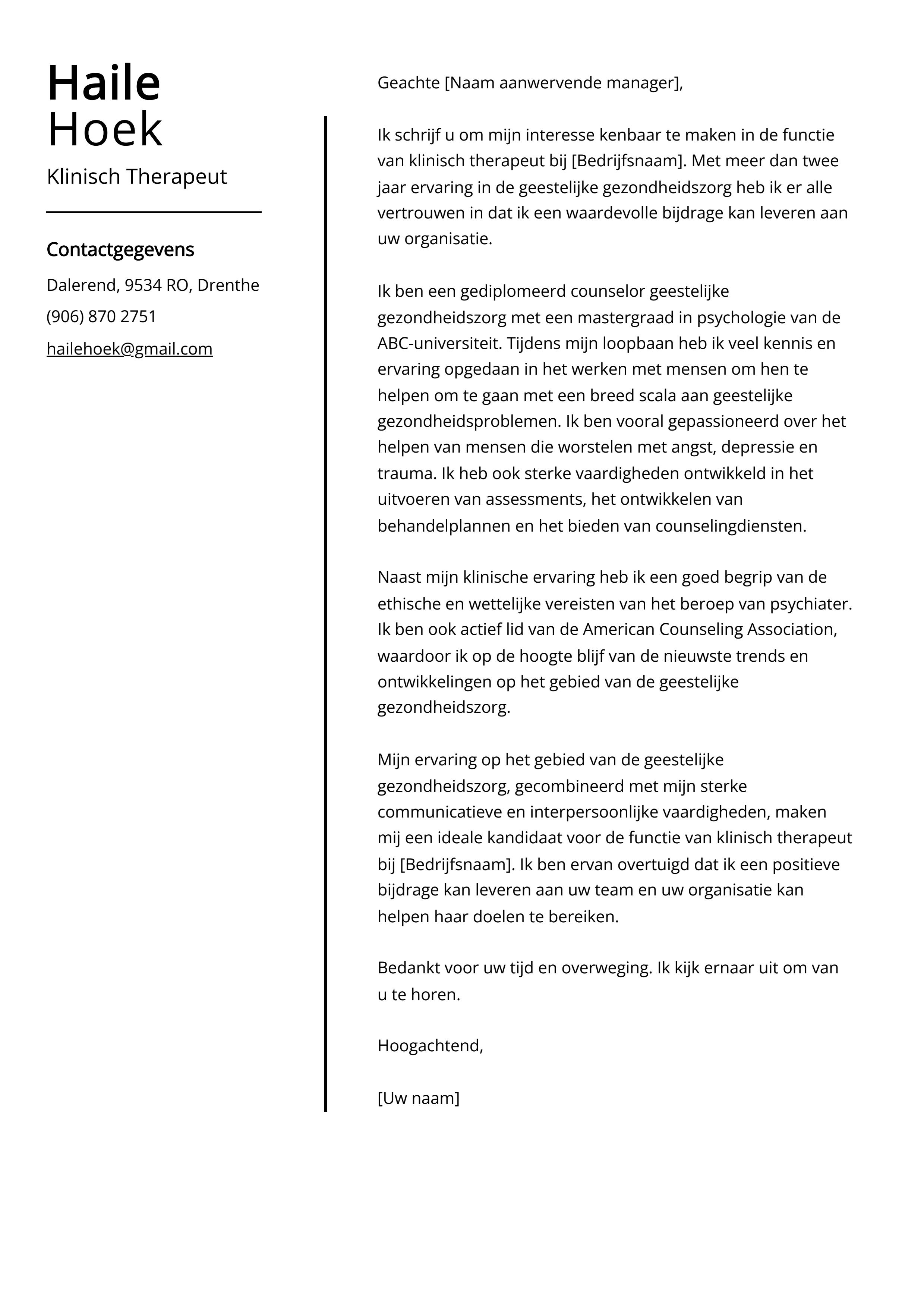 Klinisch Therapeut Voorbeeld sollicitatiebrief