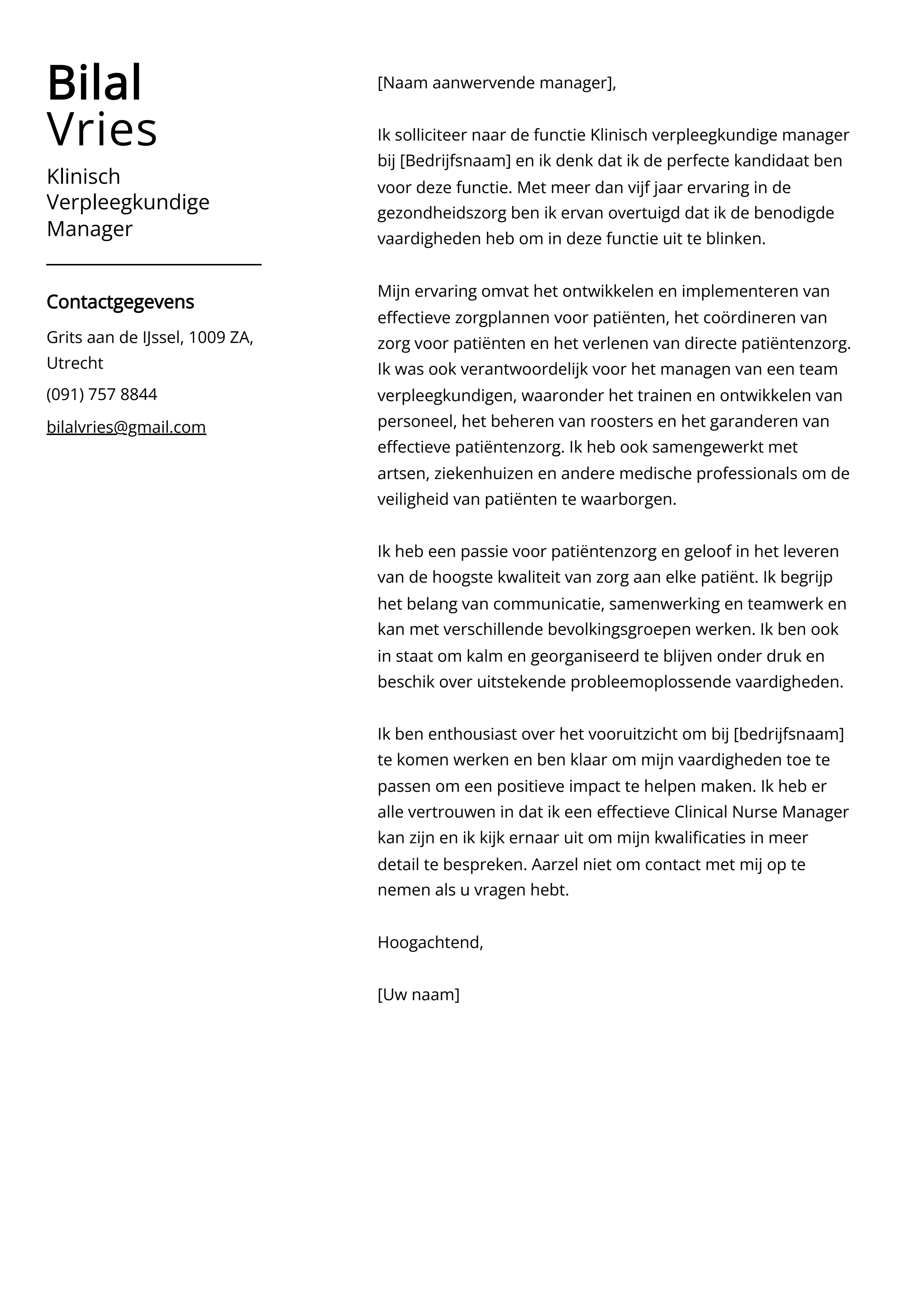 Klinisch Verpleegkundige Manager Sollicitatiebrief Voorbeeld