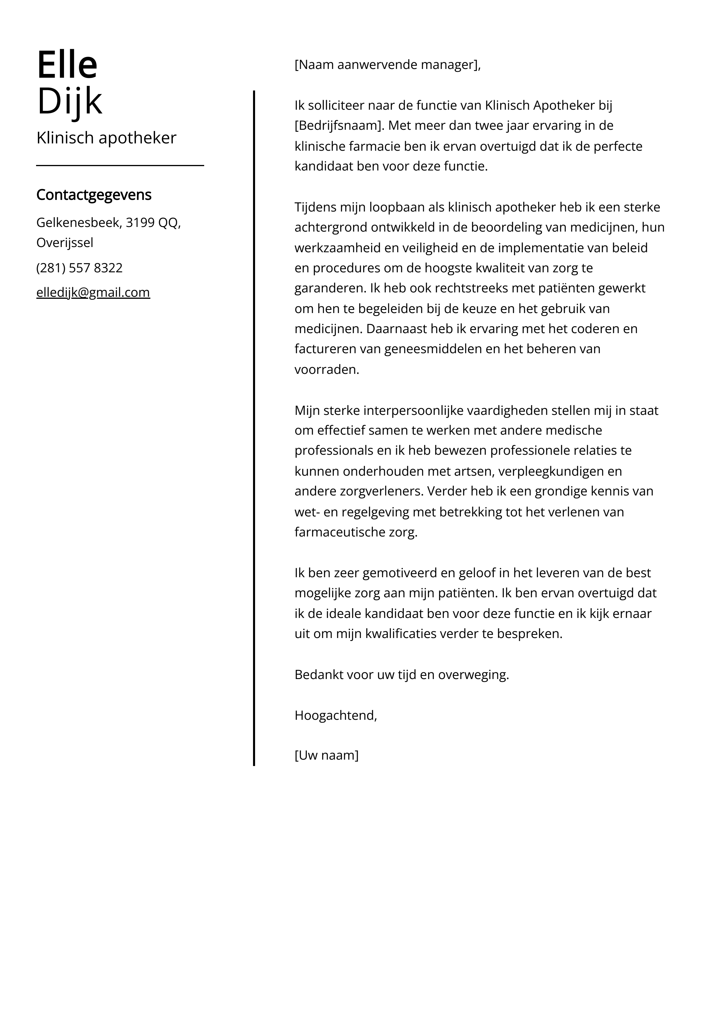 Klinisch apotheker Sollicitatiebrief Voorbeeld