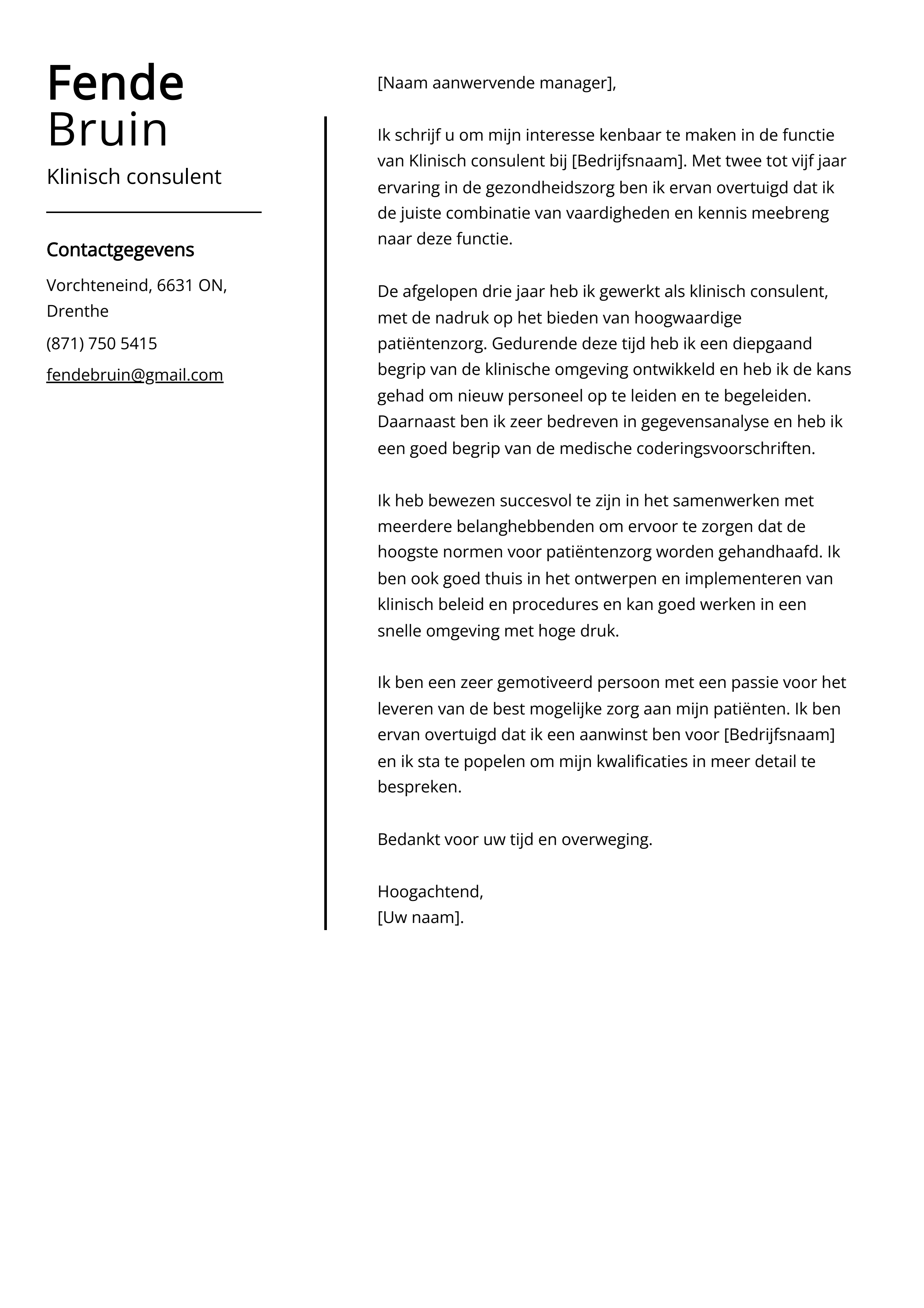 Klinisch consulent Voorbeeld sollicitatiebrief