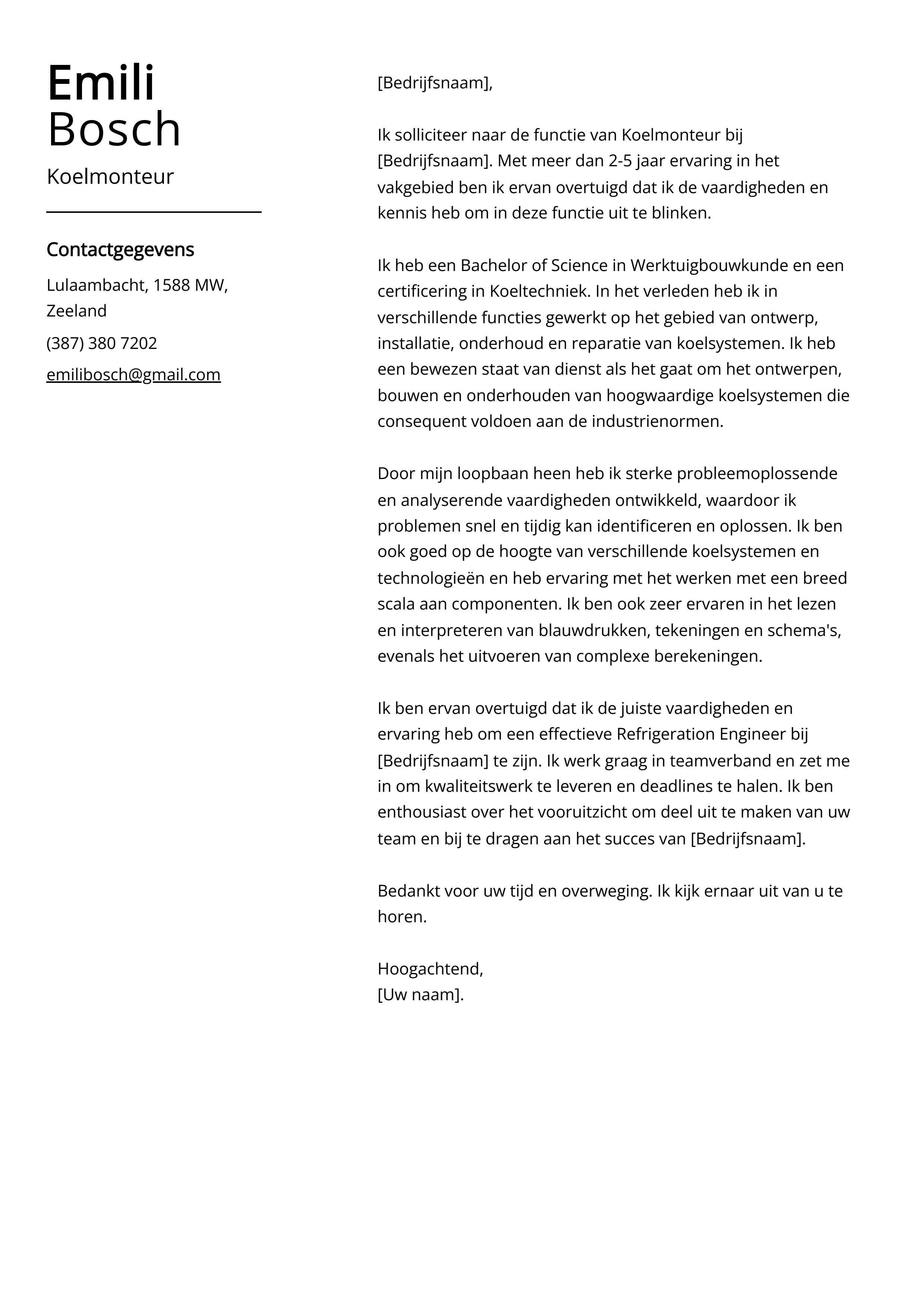 Koelmonteur Sollicitatiebrief Voorbeeld