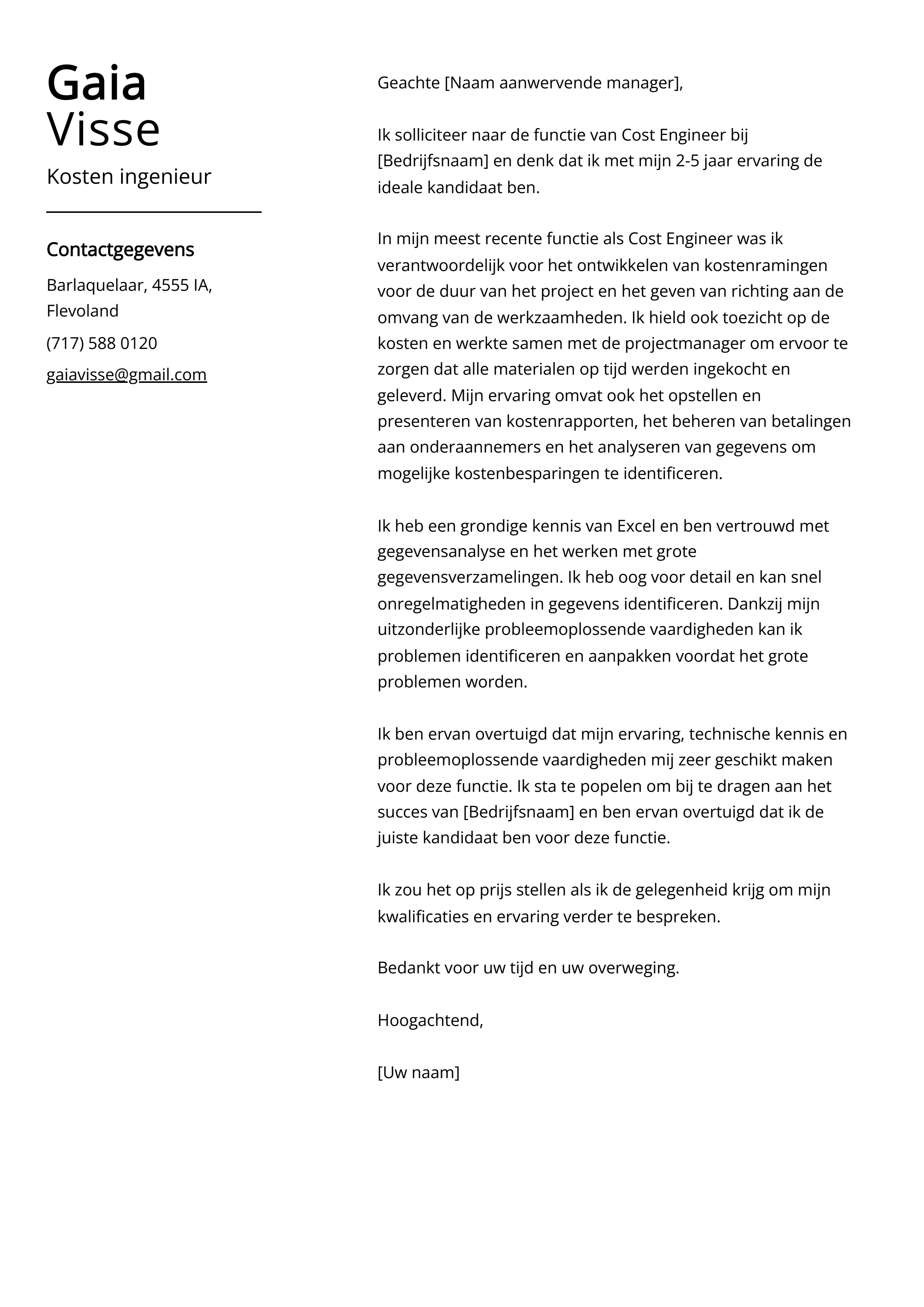 Kosten ingenieur sollicitatiebrief voorbeeld