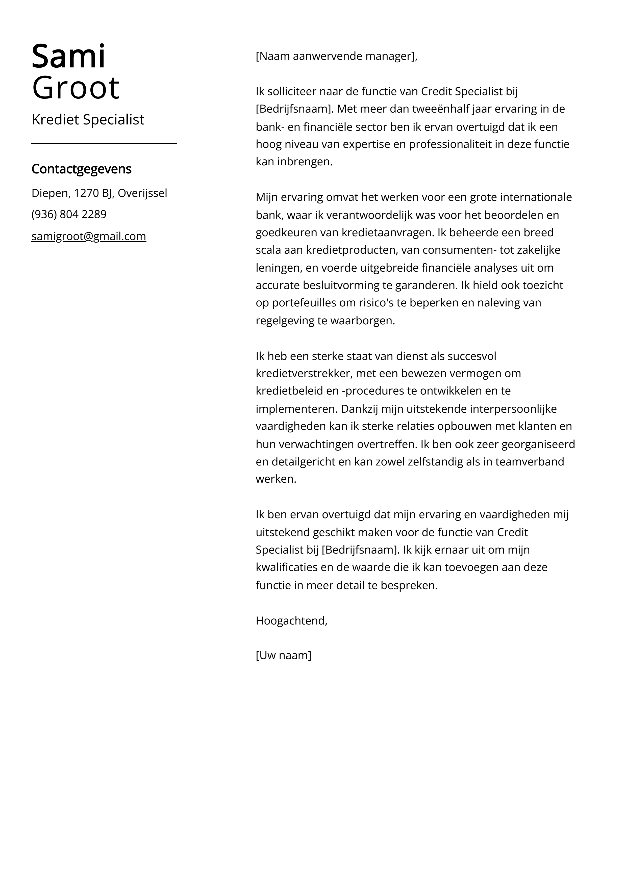 Krediet Specialist Sollicitatiebrief Voorbeeld