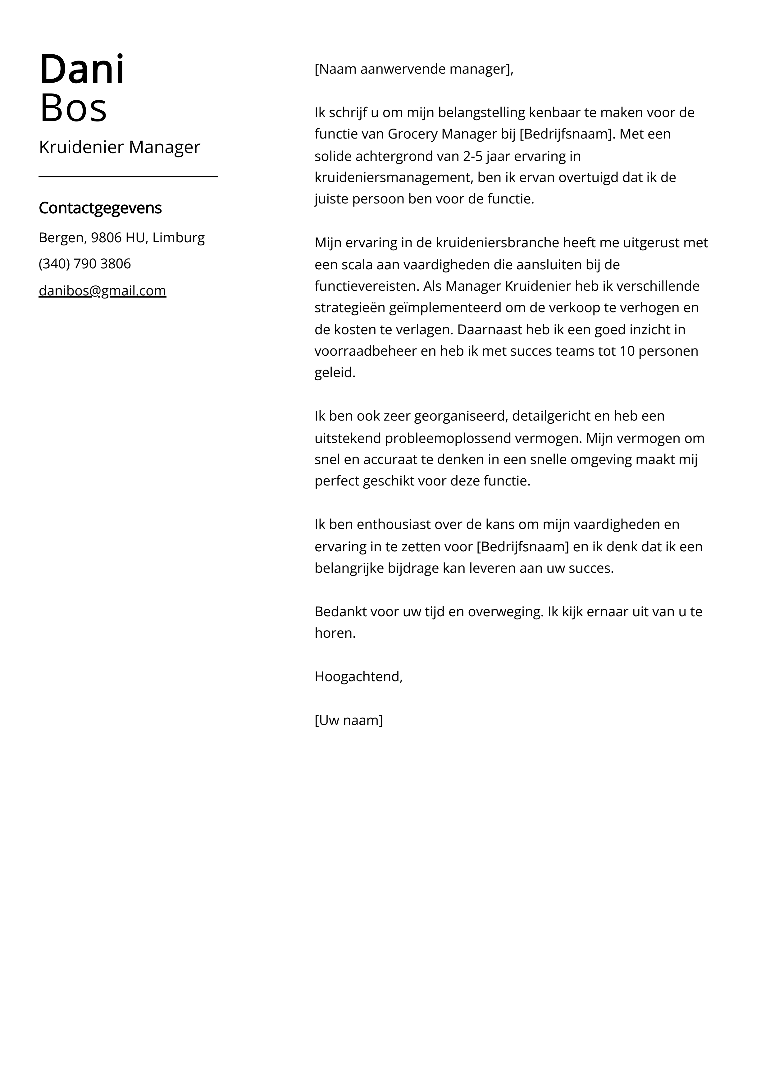 Kruidenier Manager Sollicitatiebrief Voorbeeld