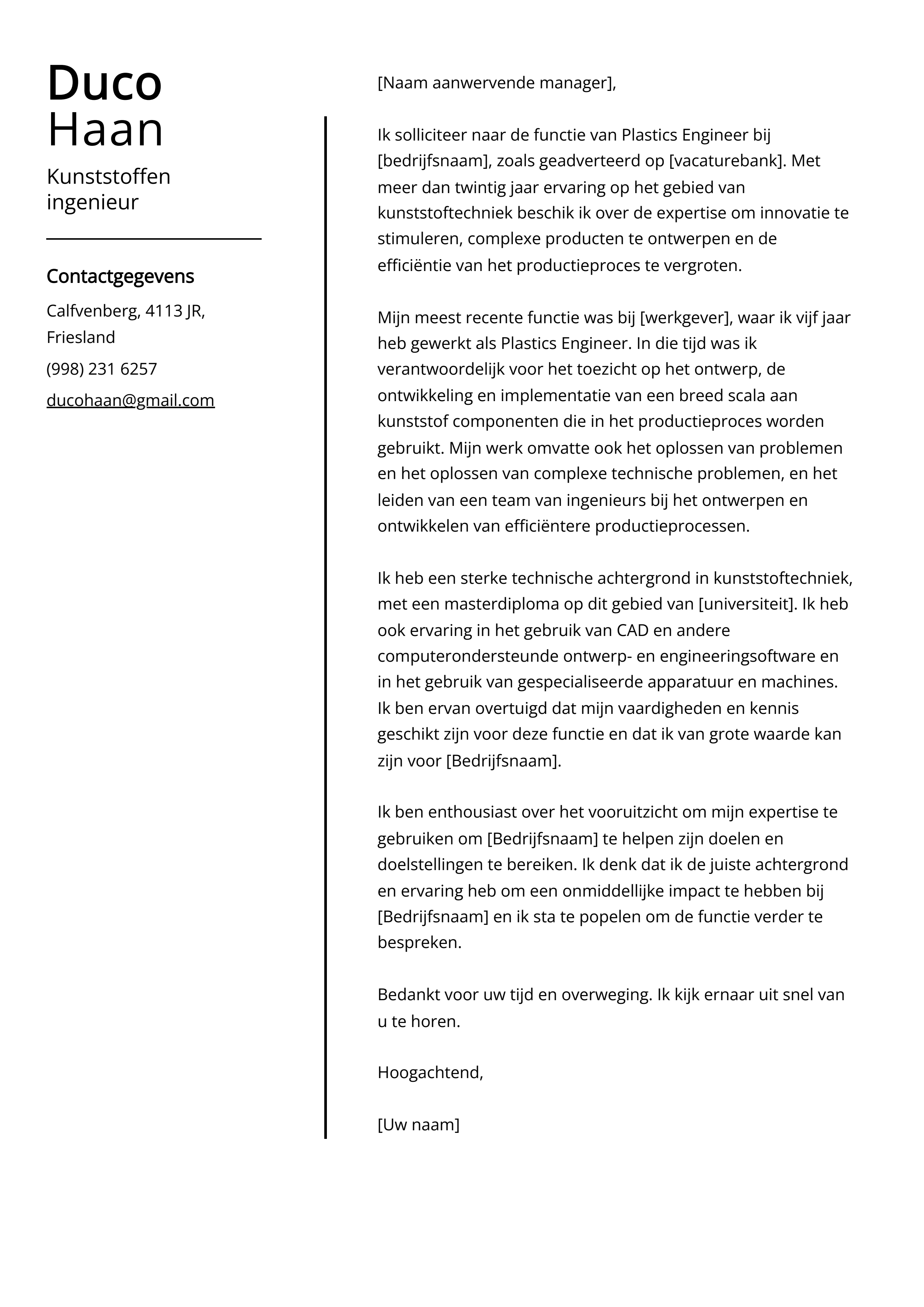 Kunststoffen ingenieur Cover Letter Voorbeeld