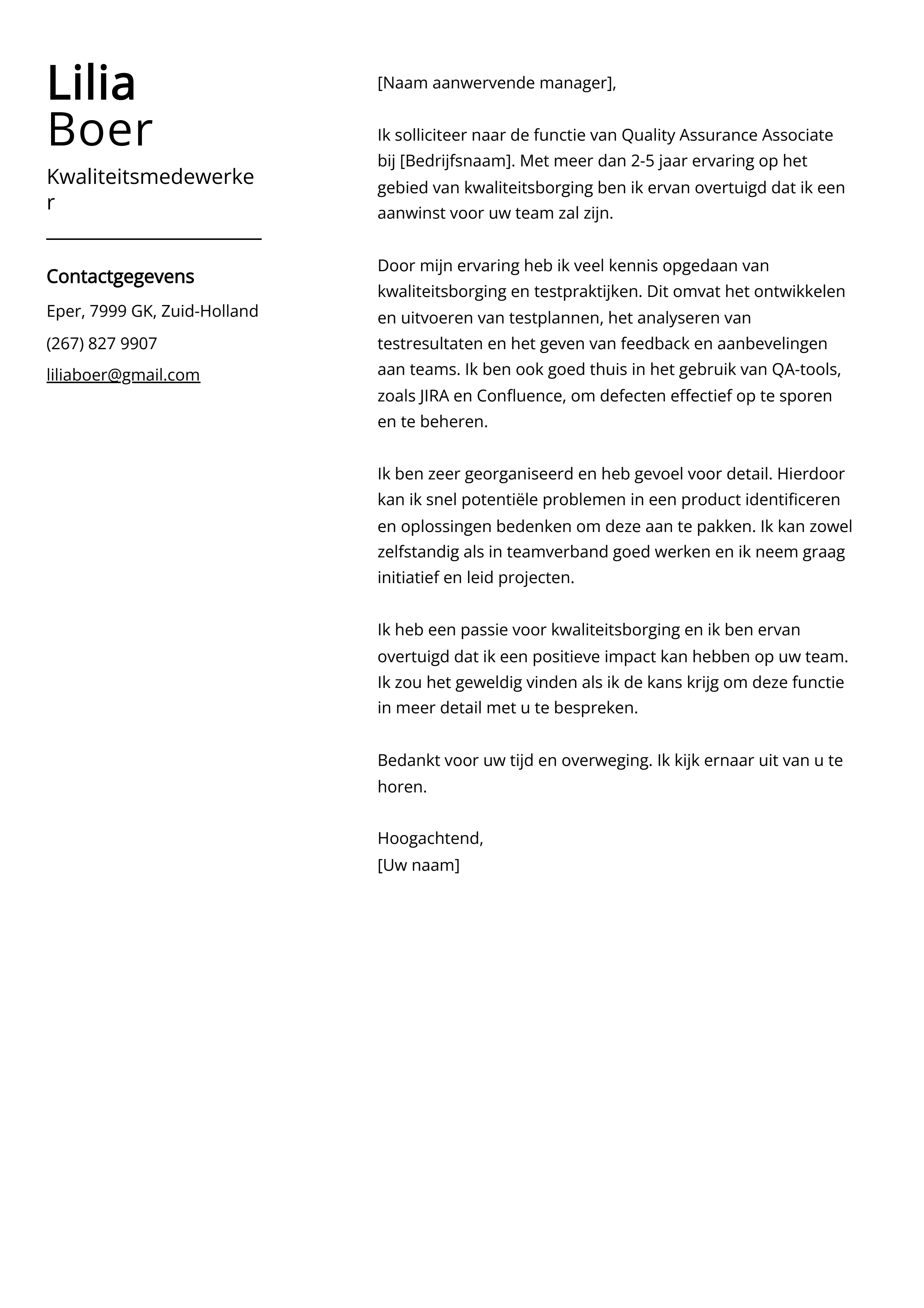 Kwaliteitsmedewerker Sollicitatiebrief Voorbeeld