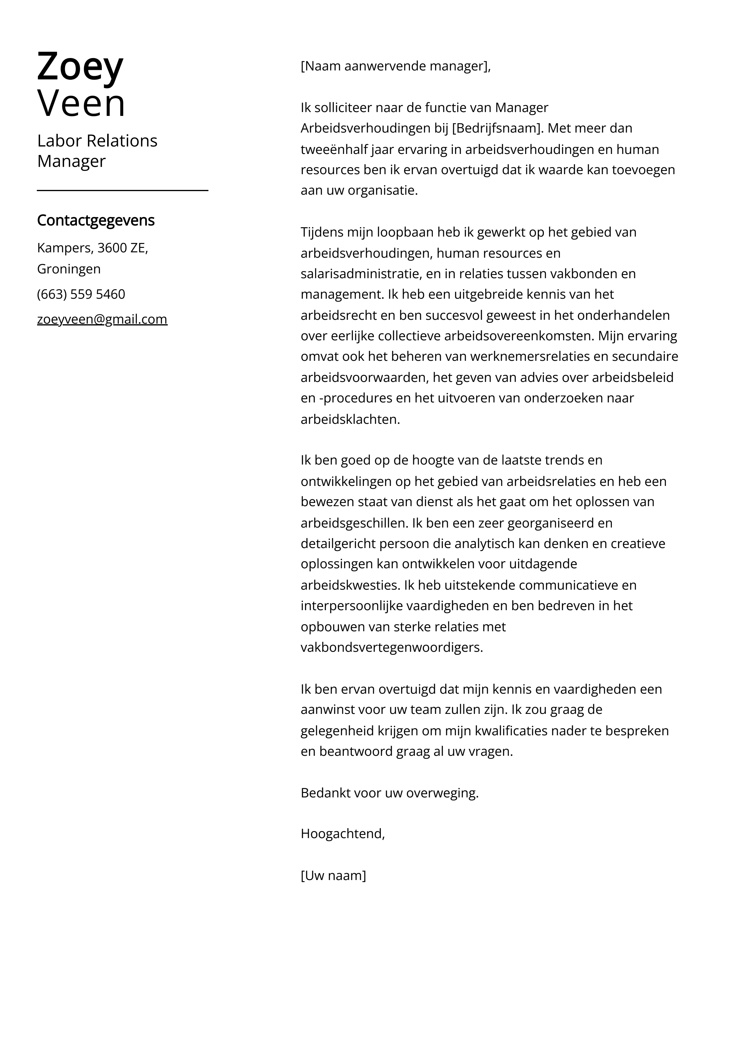 Labor Relations Manager Voorbeeld sollicitatiebrief