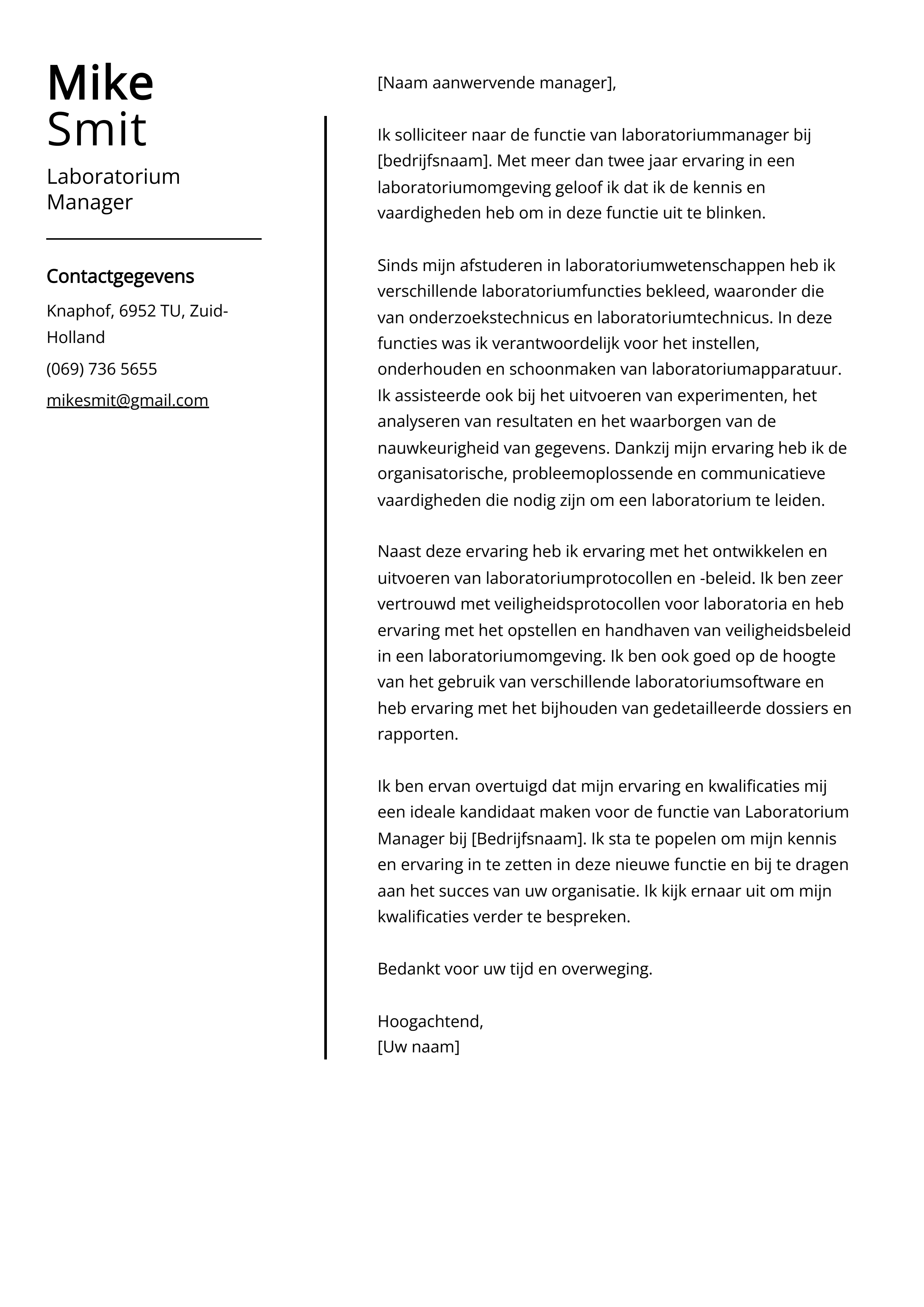 Laboratorium Manager Sollicitatiebrief Voorbeeld