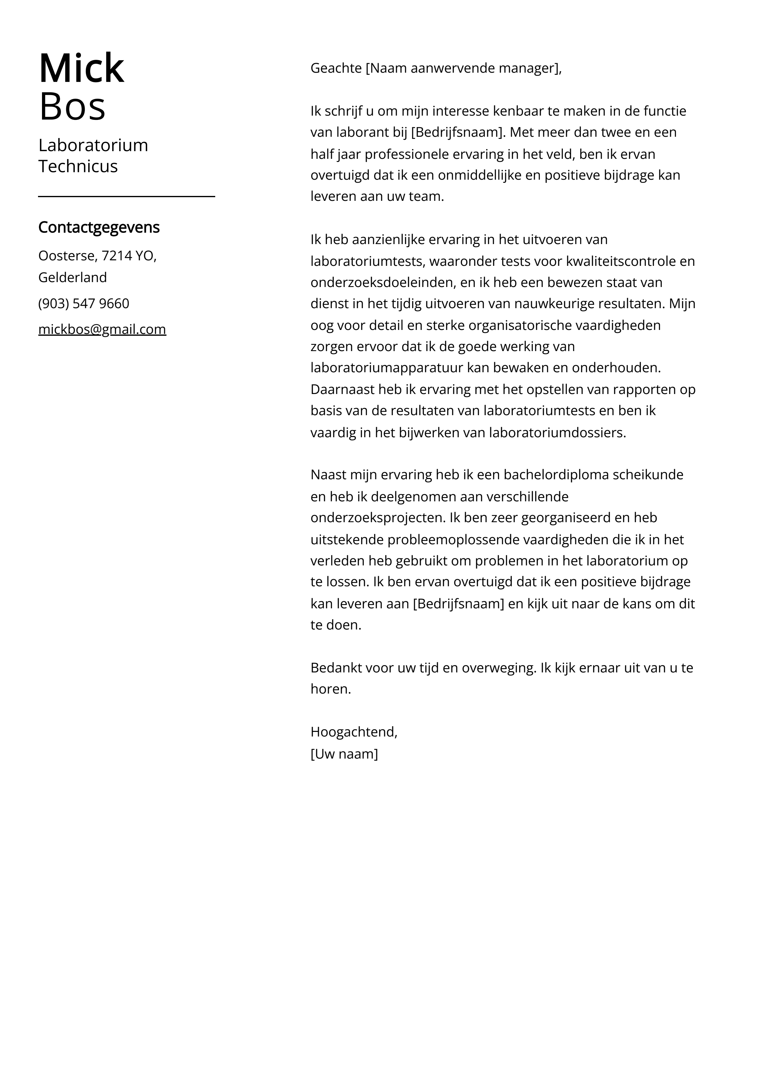 Laboratorium Technicus Voorbeeld sollicitatiebrief