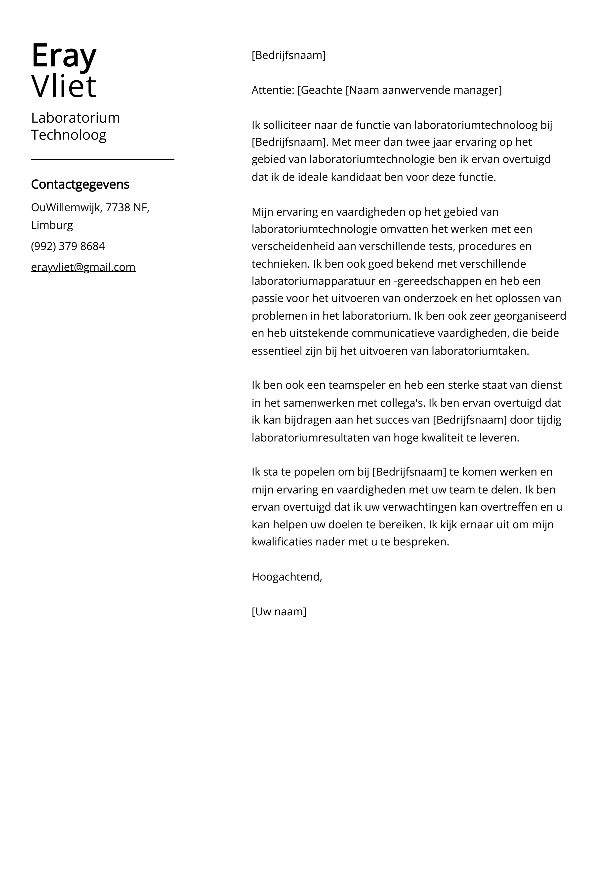 Laboratorium Technoloog Voorbeeld sollicitatiebrief