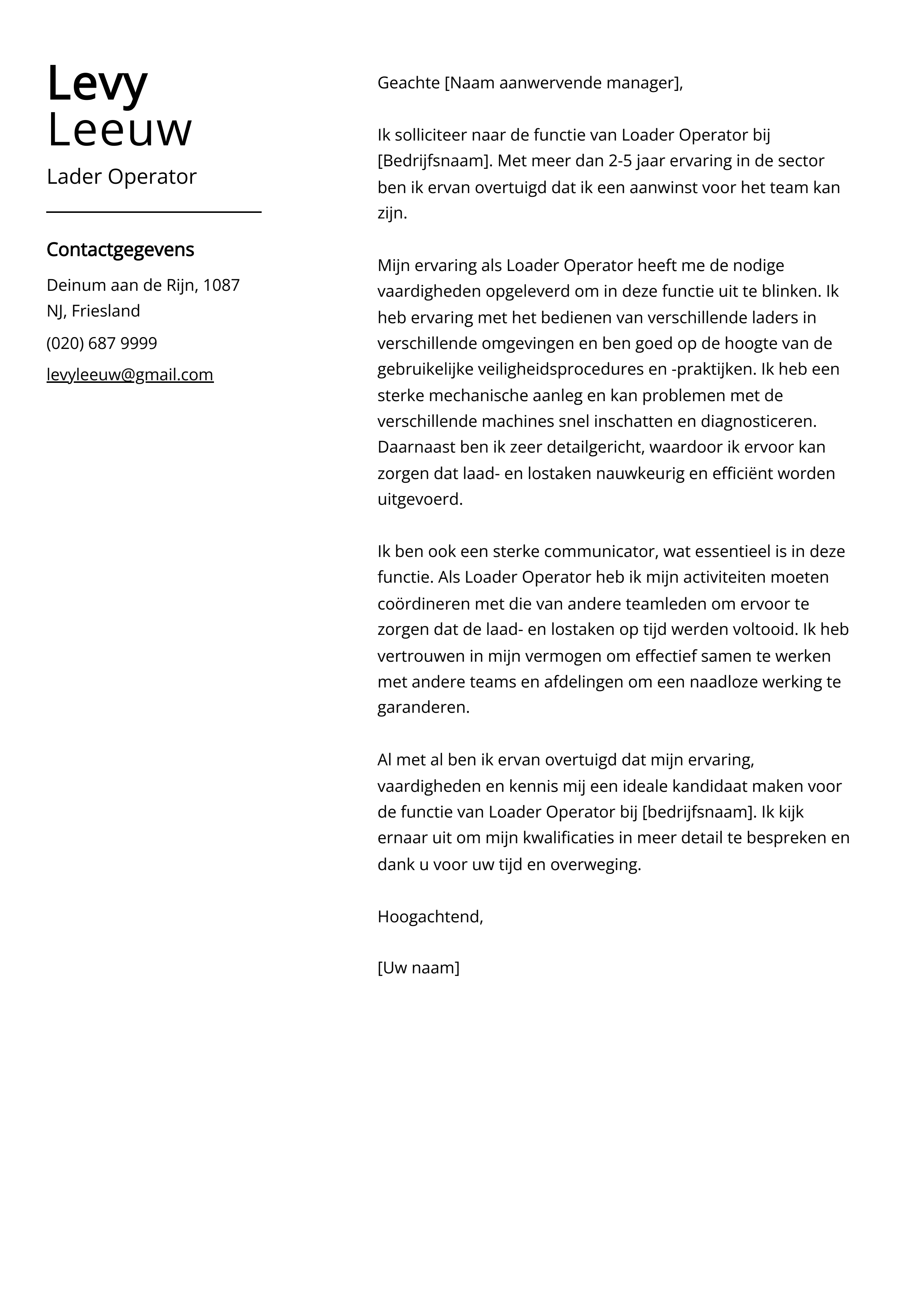 Lader Operator Sollicitatiebrief Voorbeeld