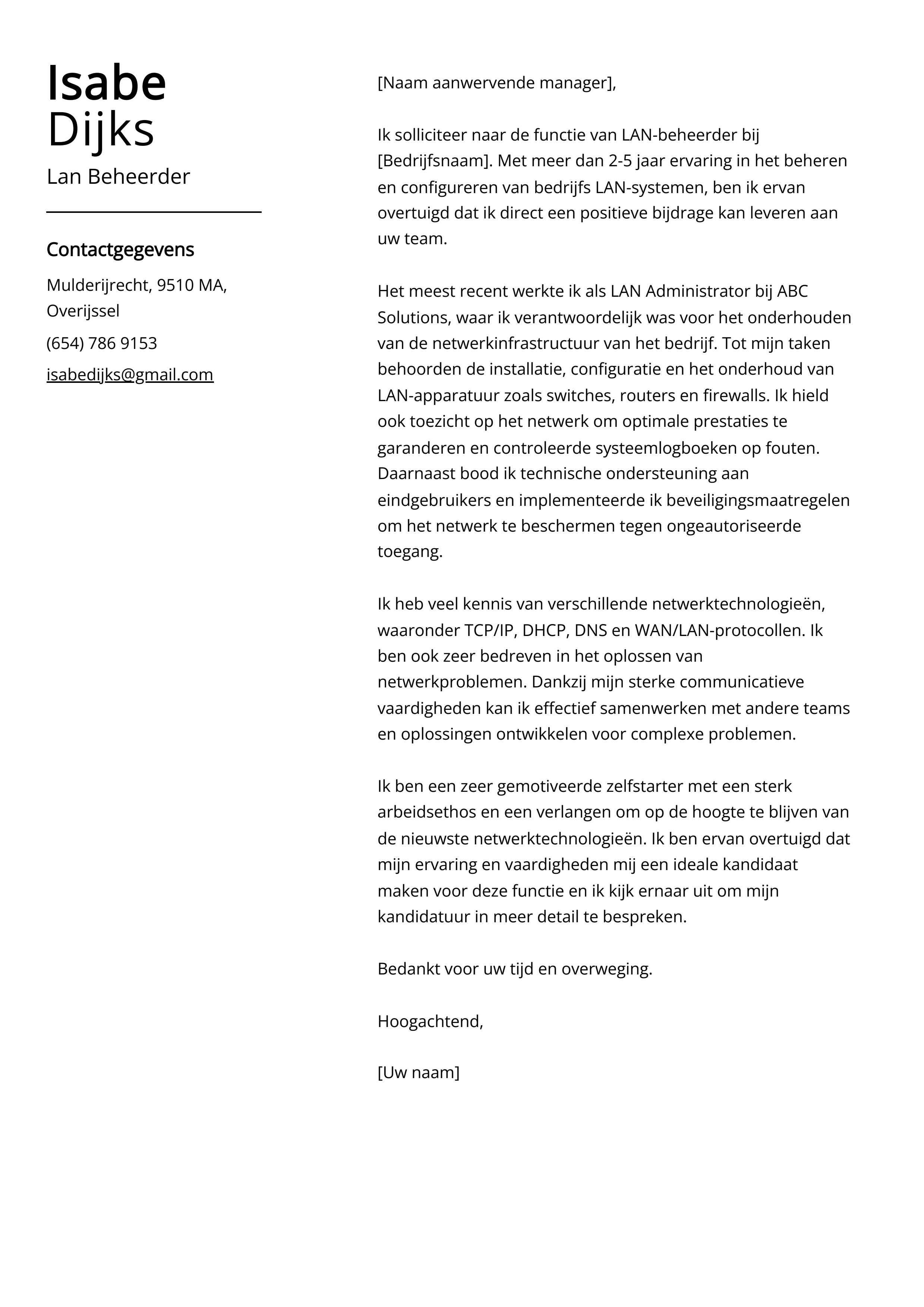 Lan Beheerder Sollicitatiebrief Voorbeeld