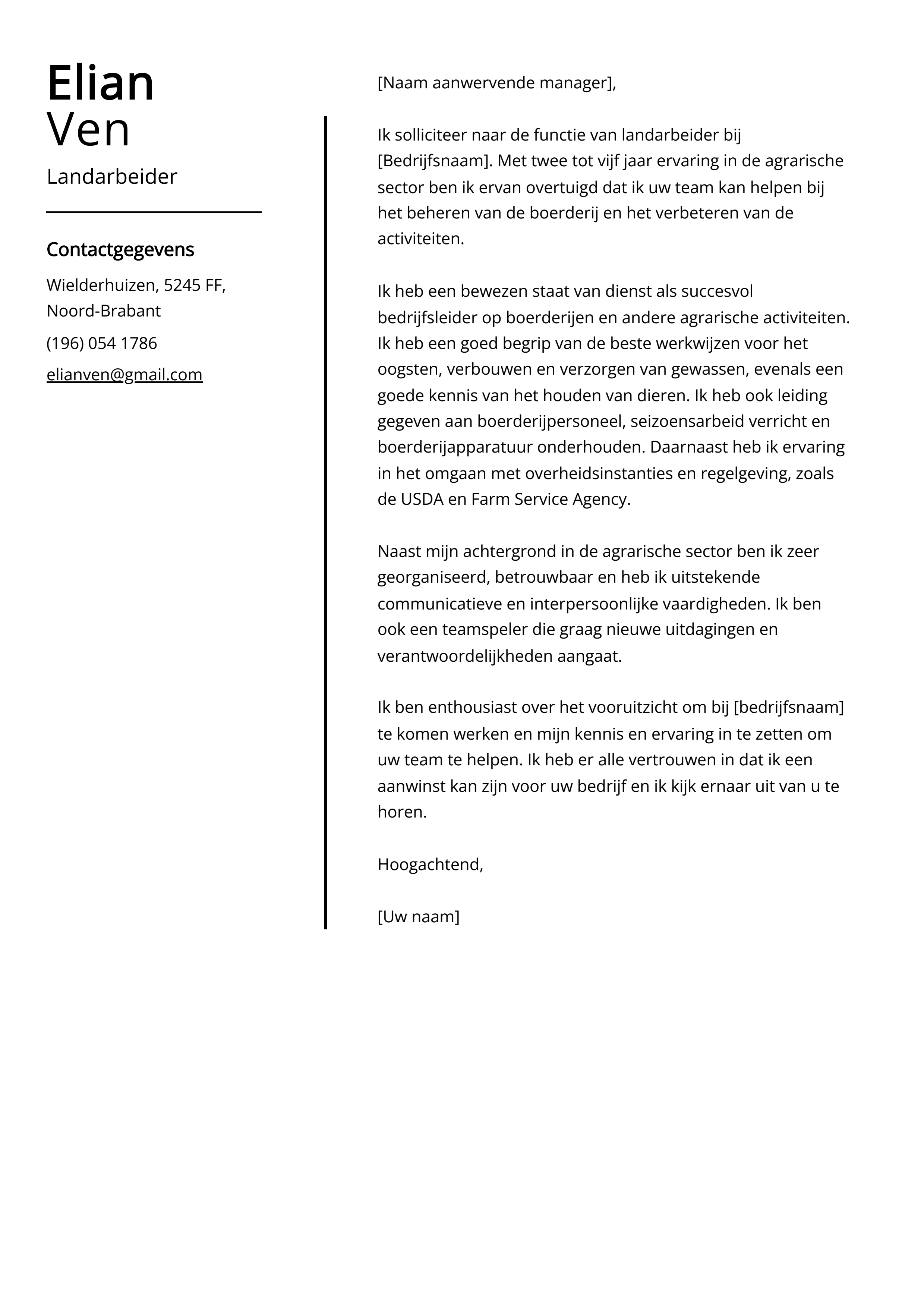 Landarbeider sollicitatiebrief voorbeeld