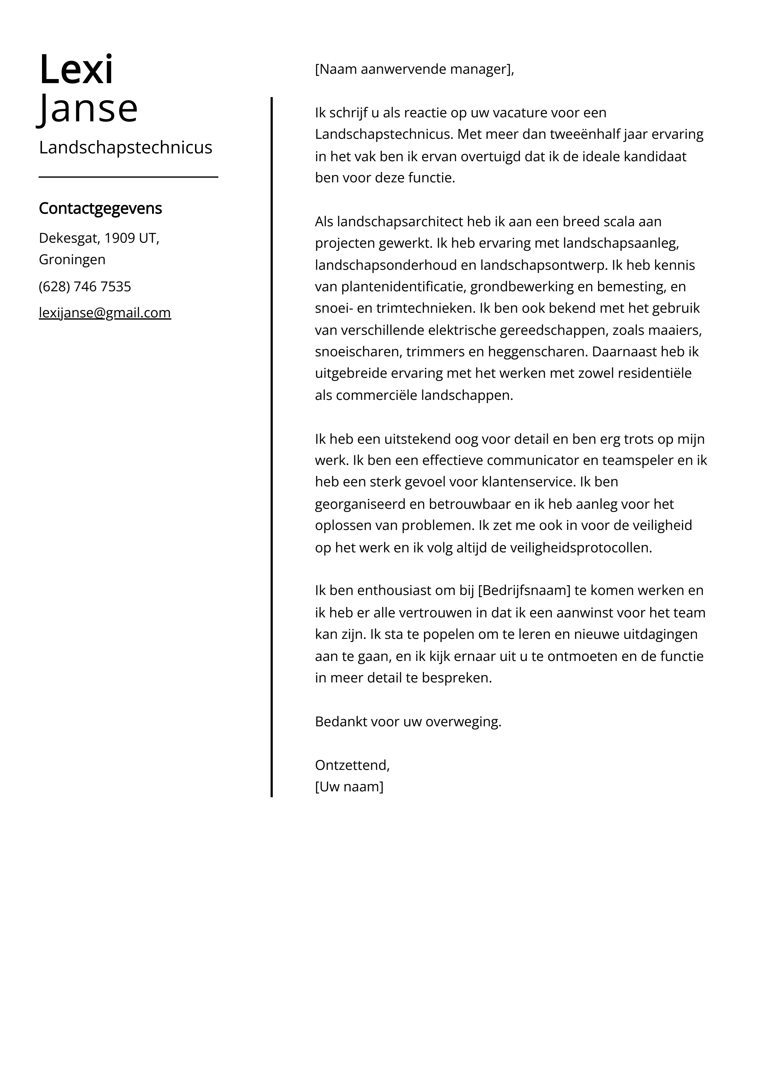 Landschapstechnicus sollicitatiebrief voorbeeld