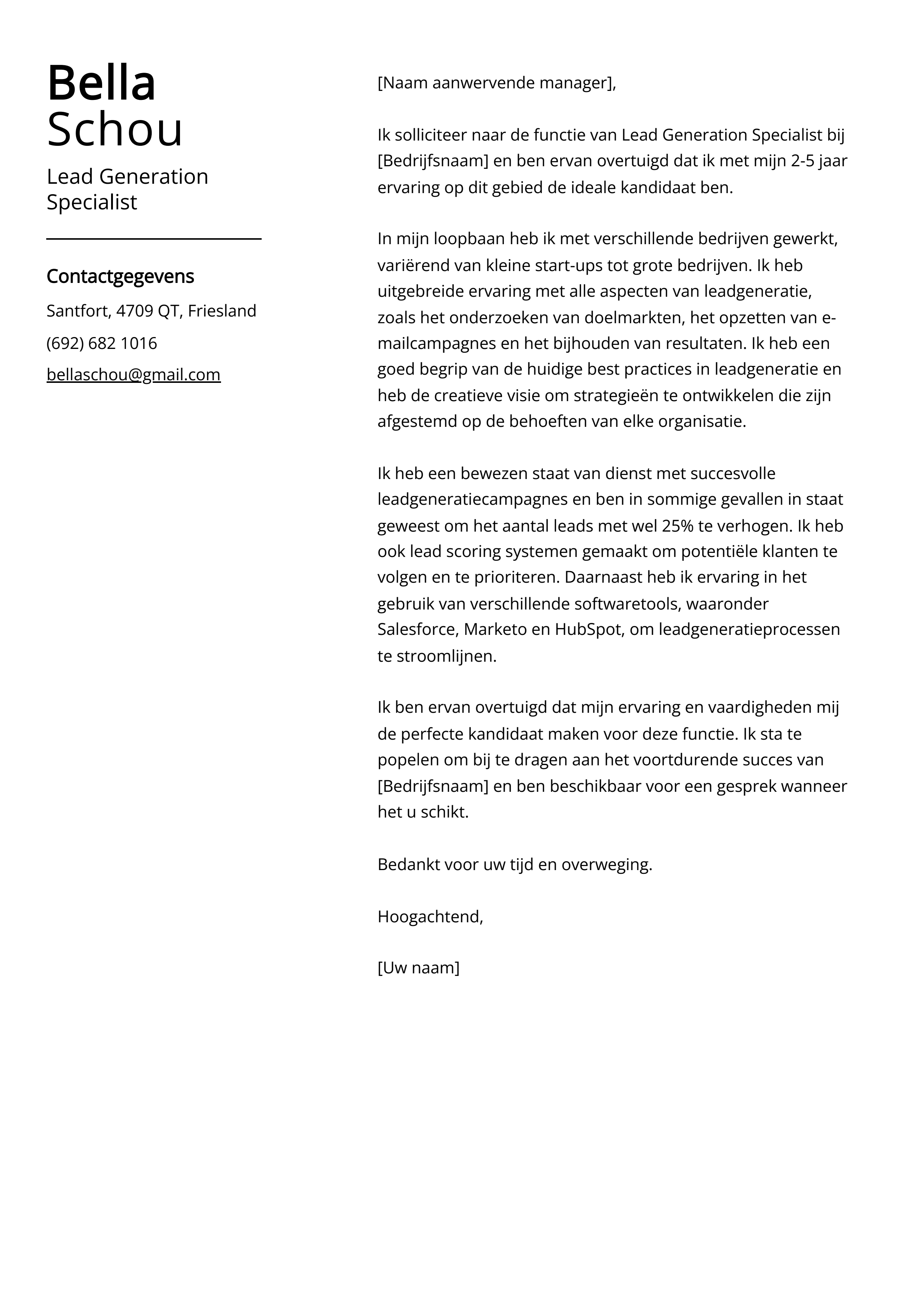 Lead Generation Specialist Voorbeeld sollicitatiebrief