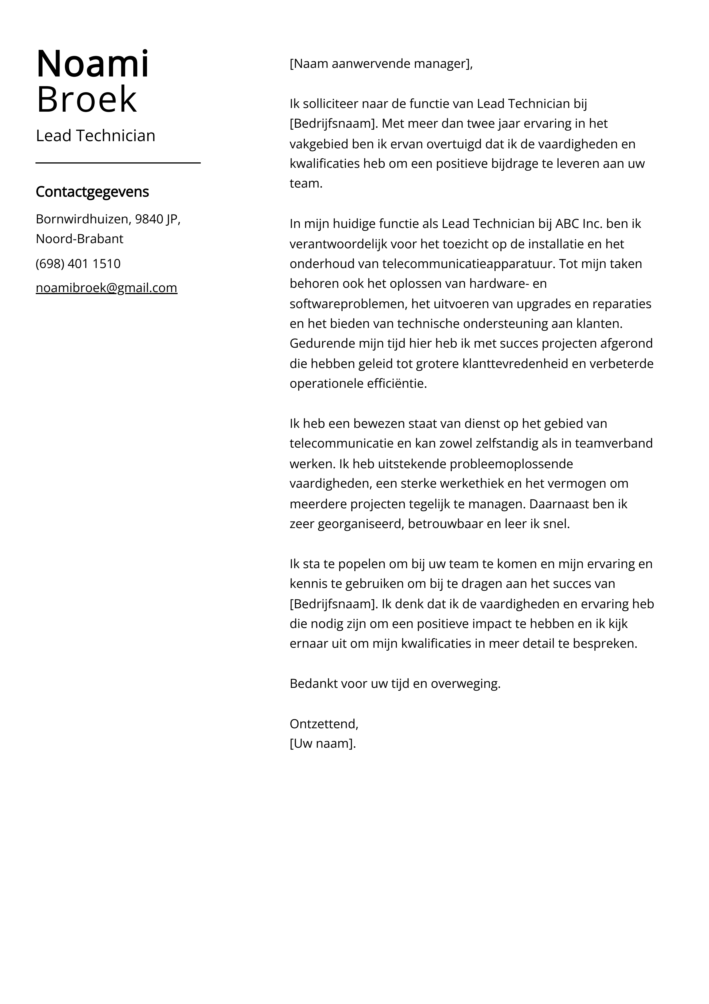 Lead Technician Voorbeeld sollicitatiebrief