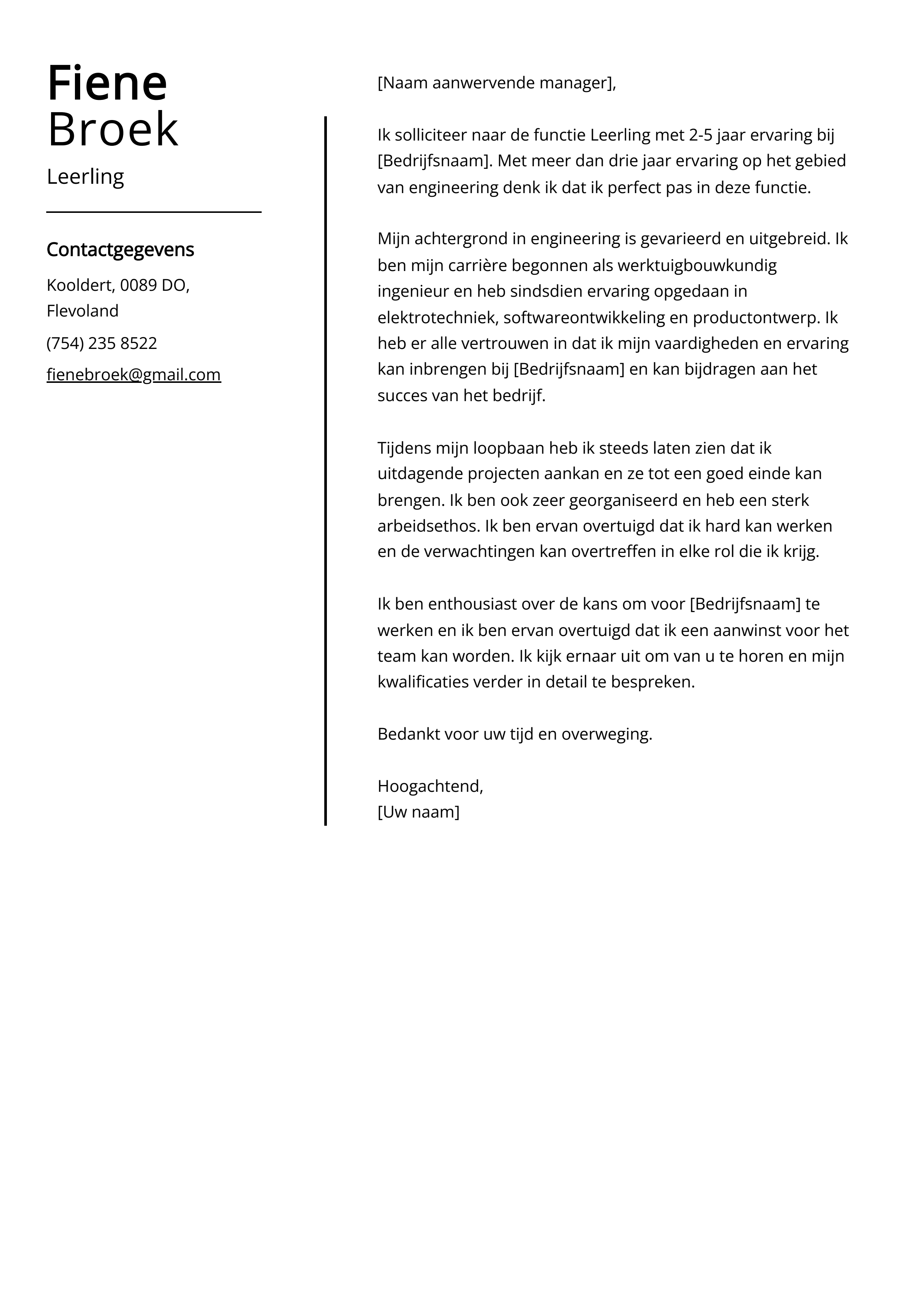 Leerling Sollicitatiebrief Voorbeeld