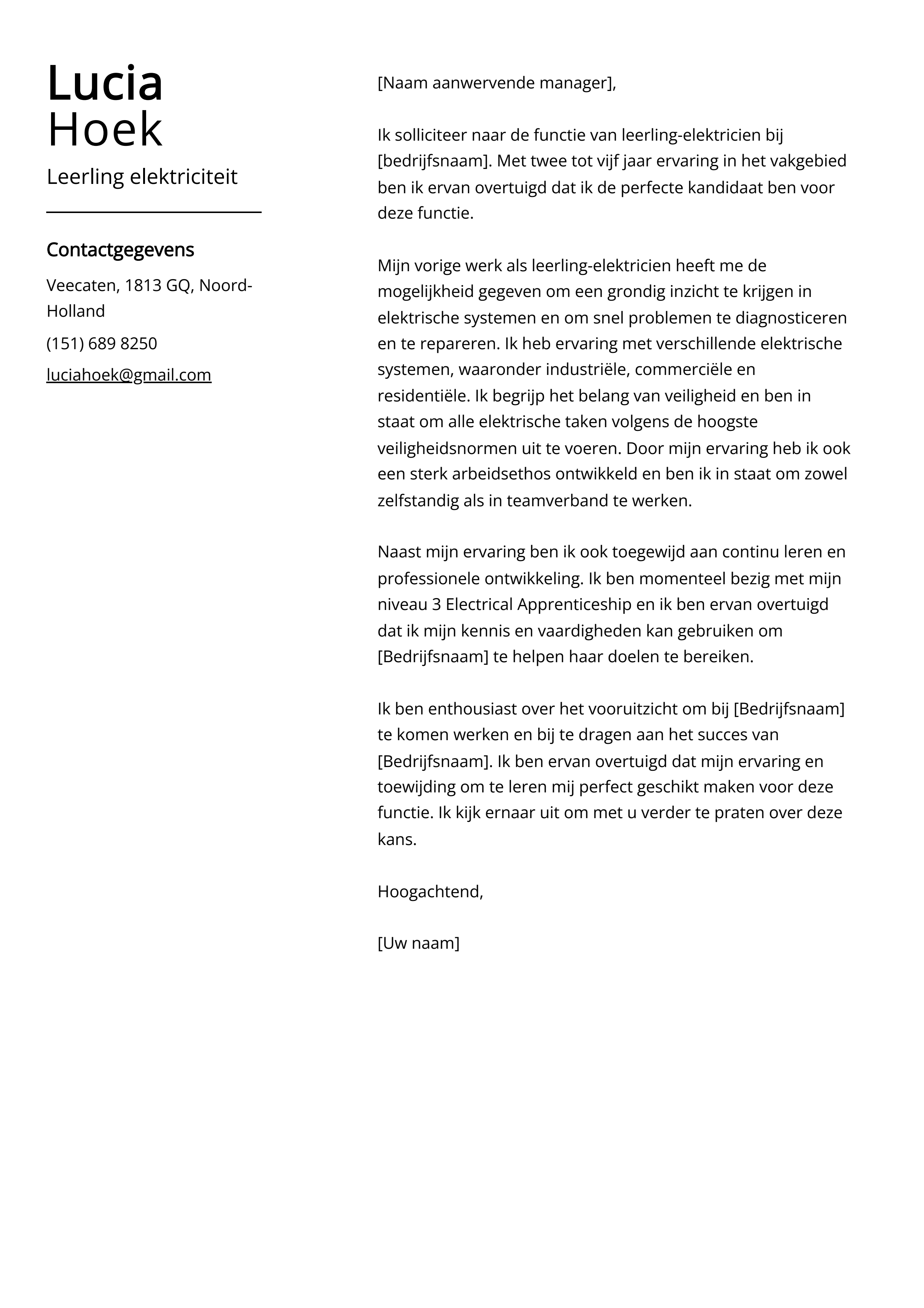 Leerling elektriciteit Cover Letter Voorbeeld