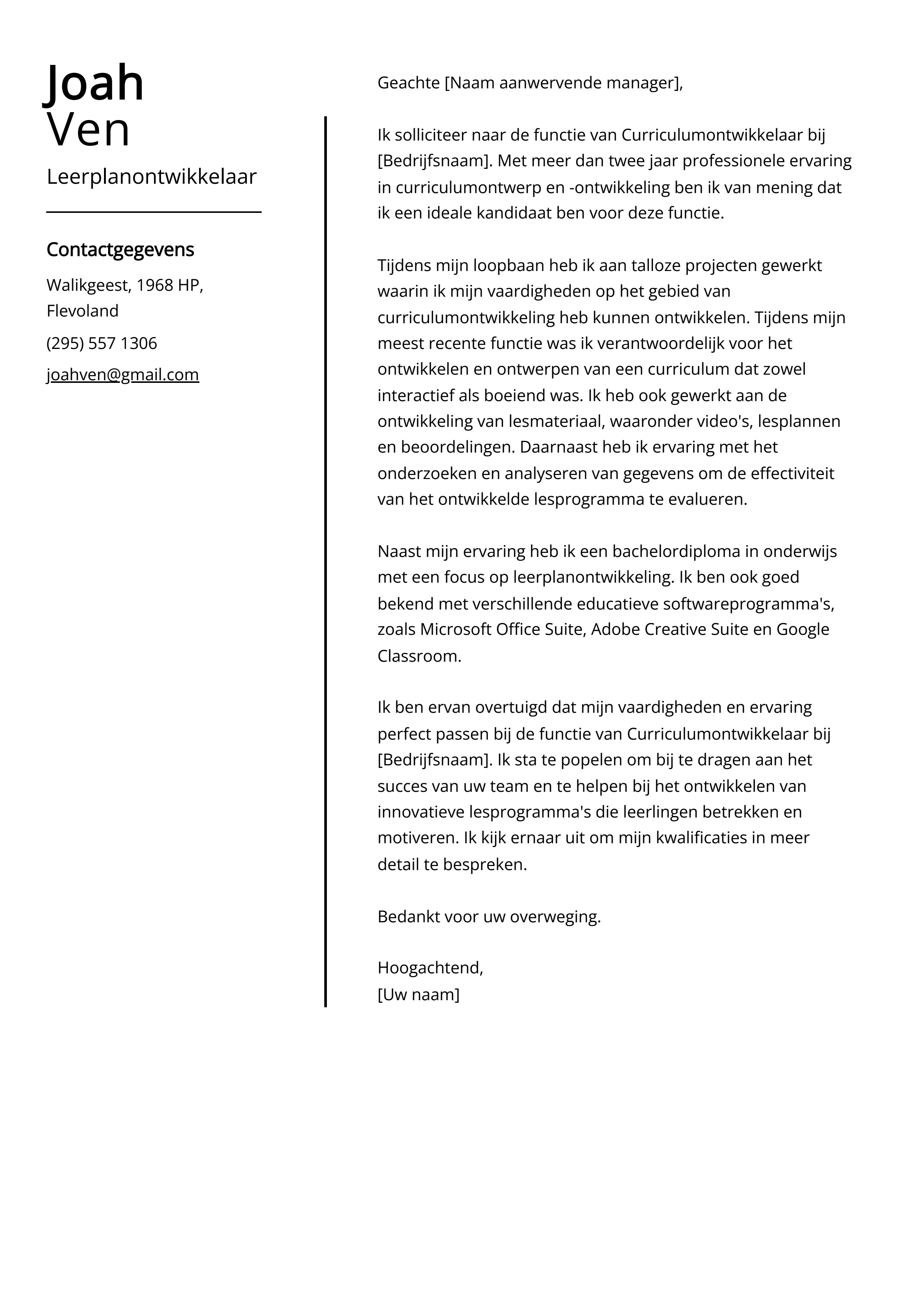 Leerplanontwikkelaar Voorbeeld sollicitatiebrief