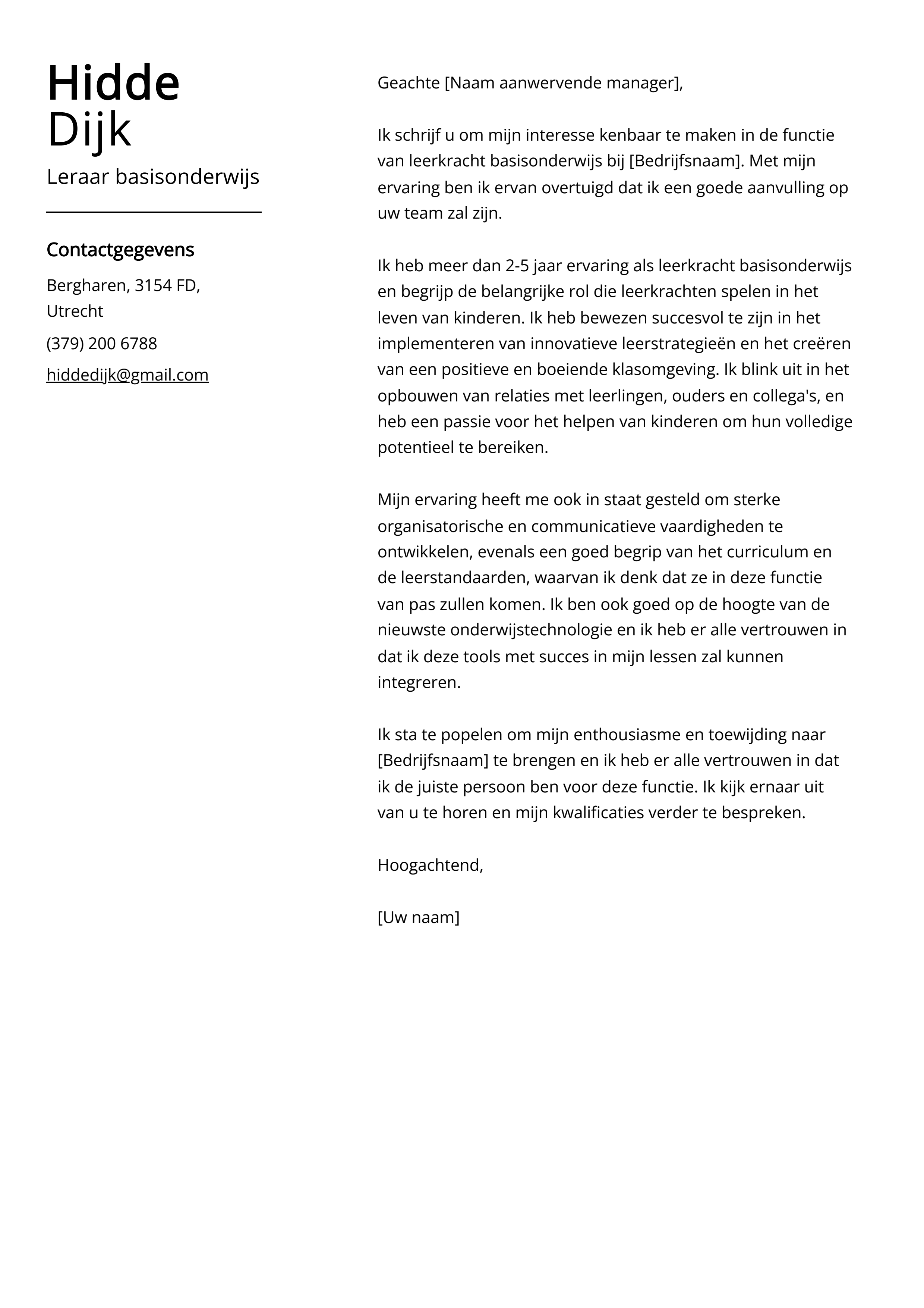 Leraar basisonderwijs Cover Letter Voorbeeld