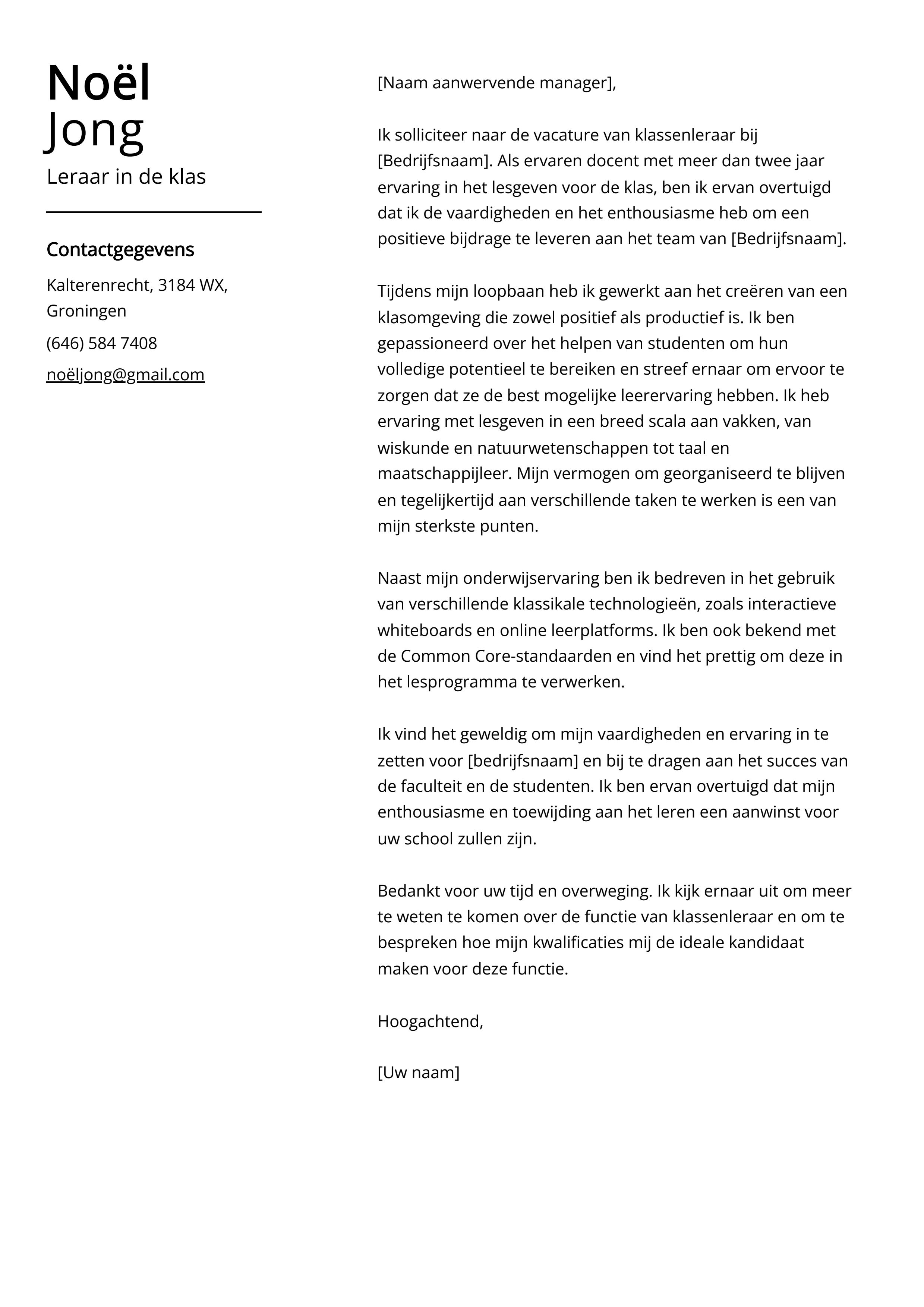 Leraar in de klas Voorbeeld sollicitatiebrief