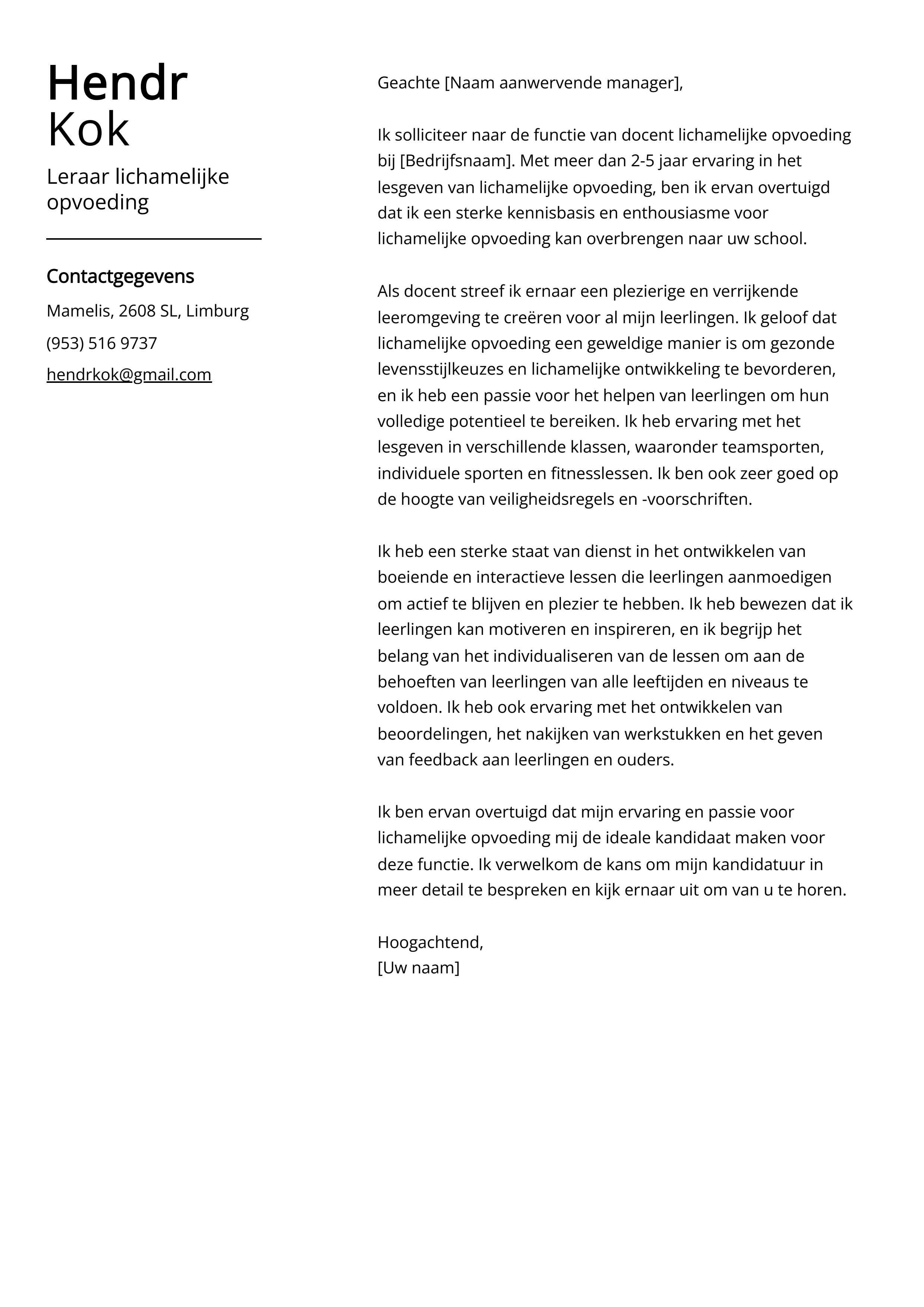 Leraar lichamelijke opvoeding Voorbeeld sollicitatiebrief