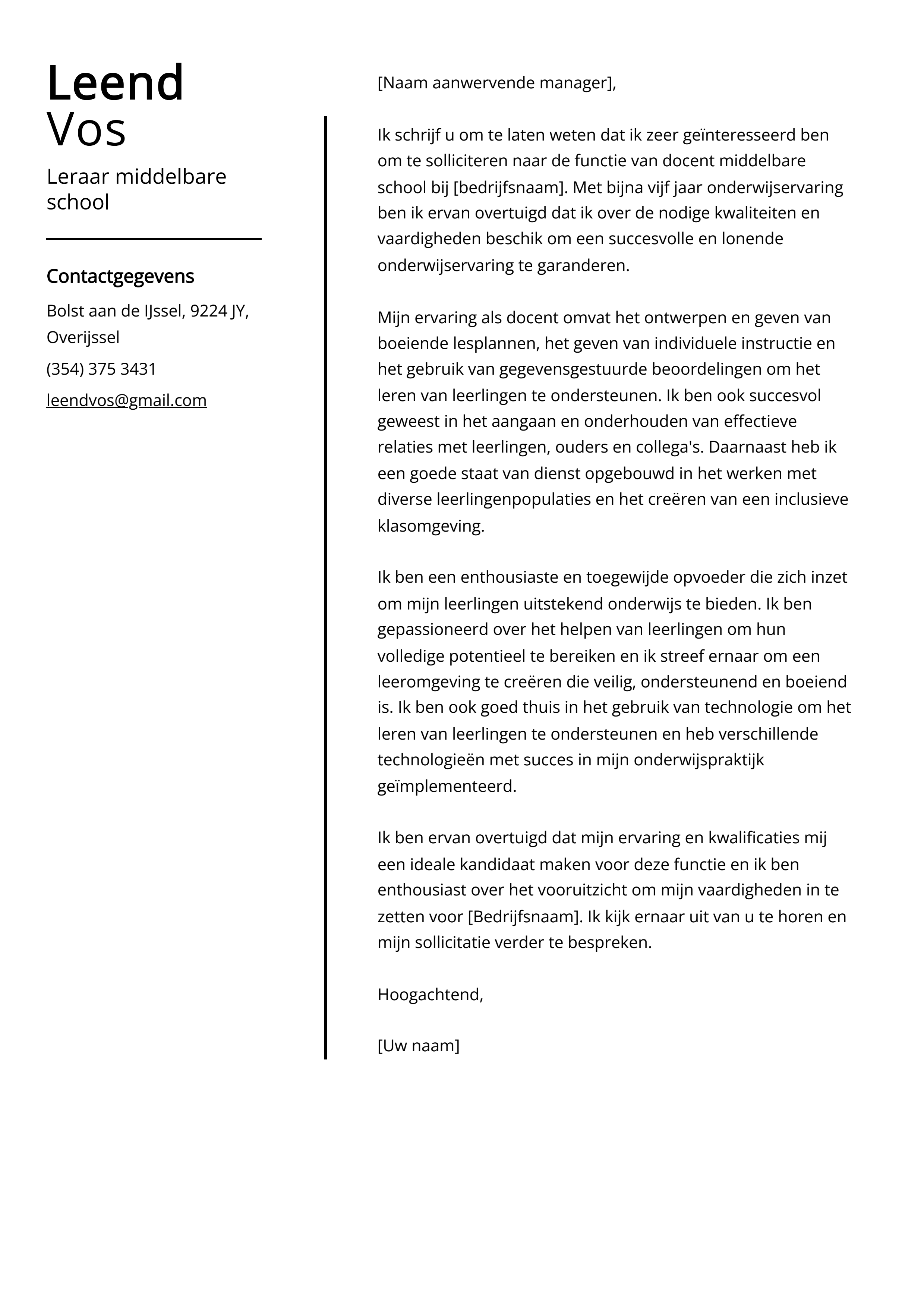 Leraar middelbare school Voorbeeld sollicitatiebrief