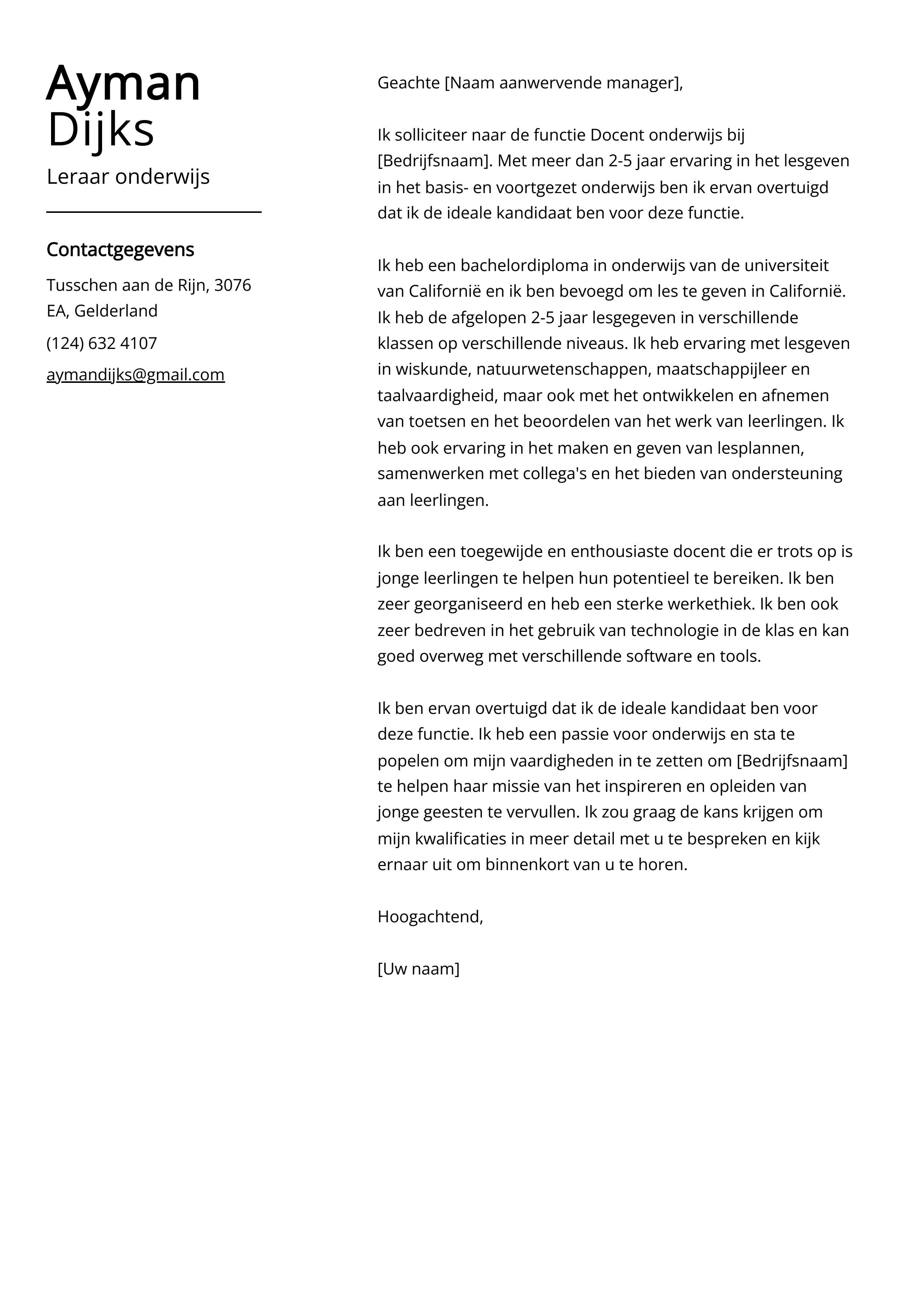 Leraar onderwijs motivatiebrief voorbeeld