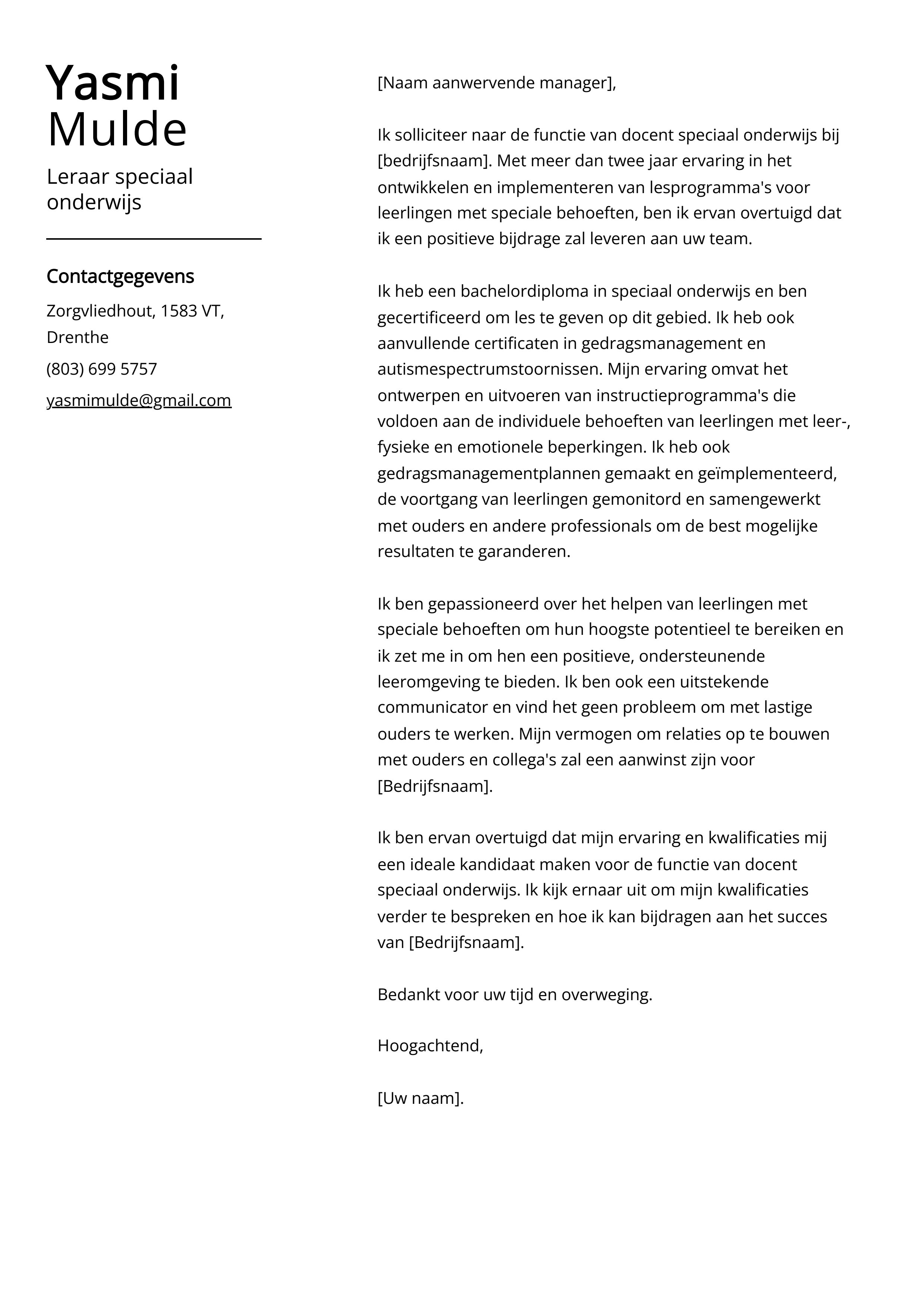 Leraar speciaal onderwijs Voorbeeld sollicitatiebrief