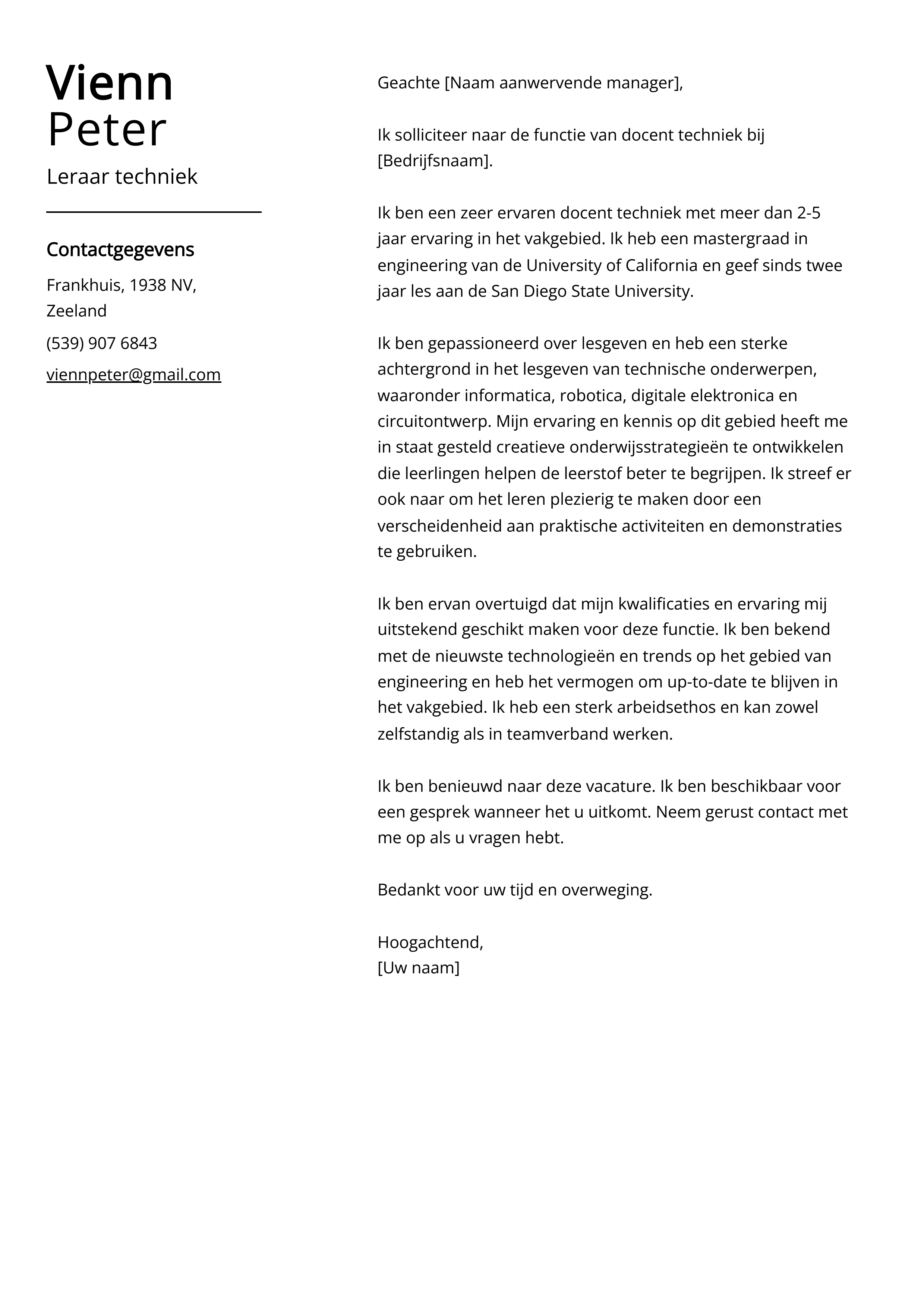 Leraar techniek Sollicitatiebrief Voorbeeld