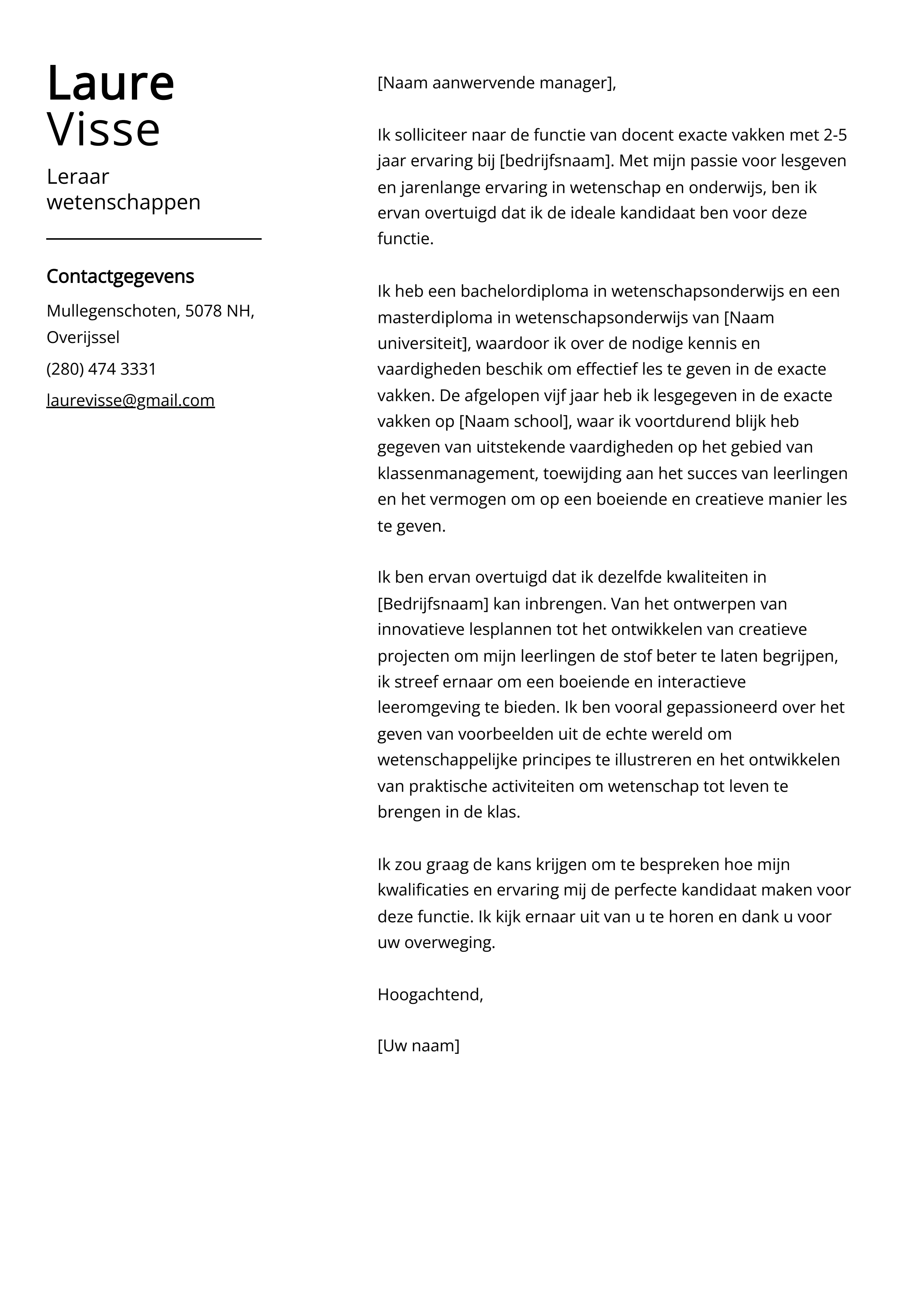 Leraar wetenschappen Cover Letter Voorbeeld