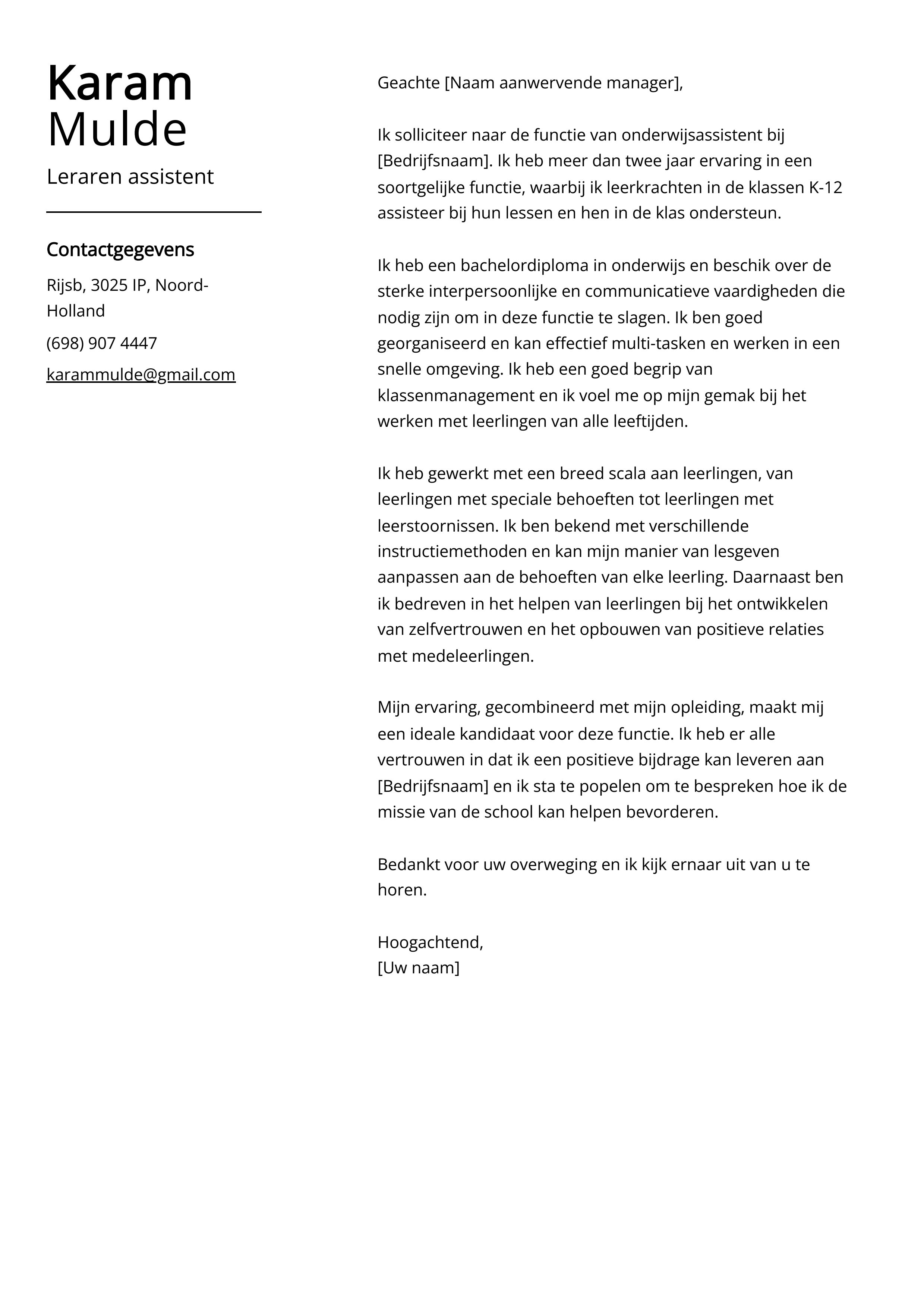 Leraren assistent Sollicitatiebrief Voorbeeld