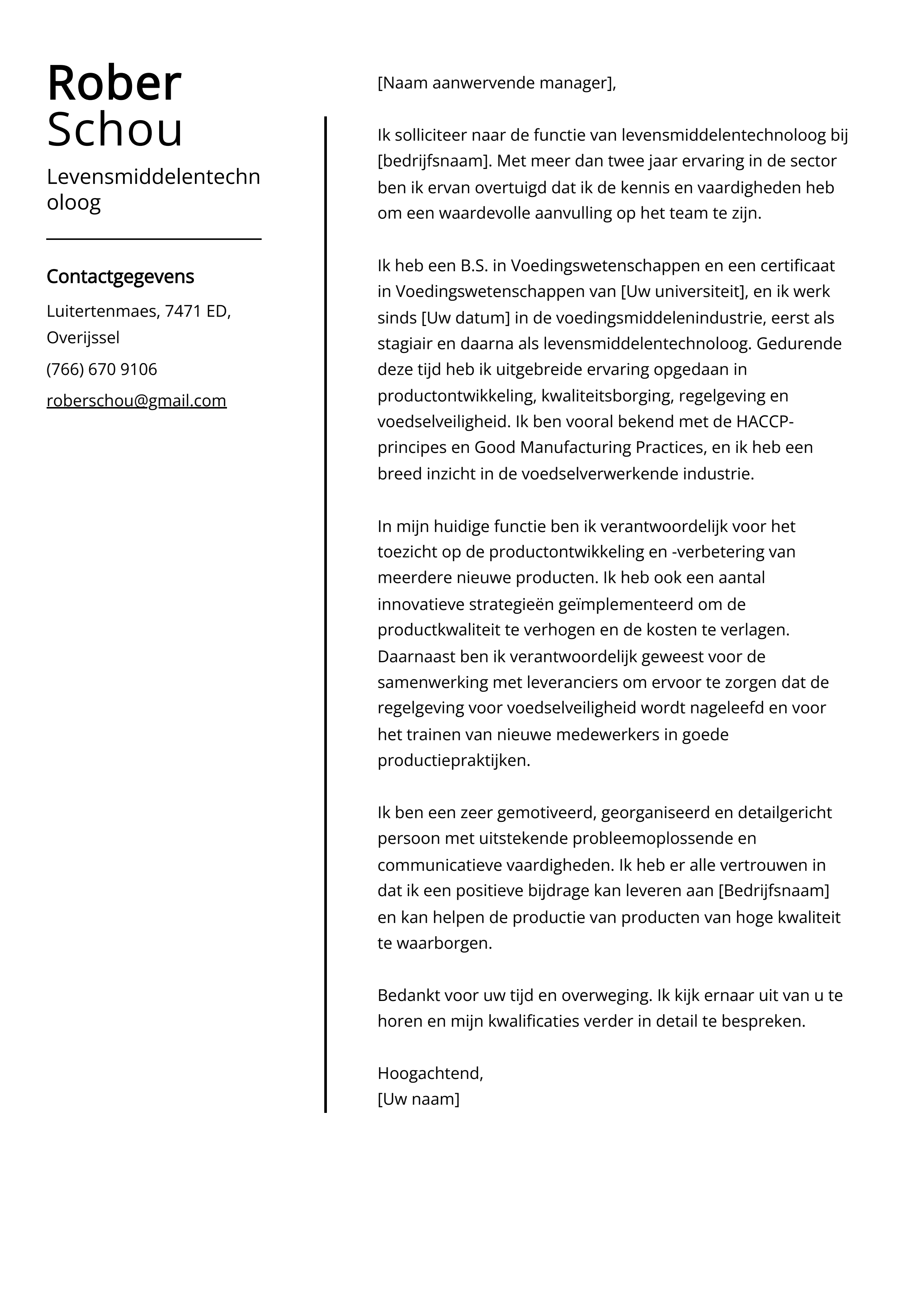 Levensmiddelentechnoloog Voorbeeld sollicitatiebrief