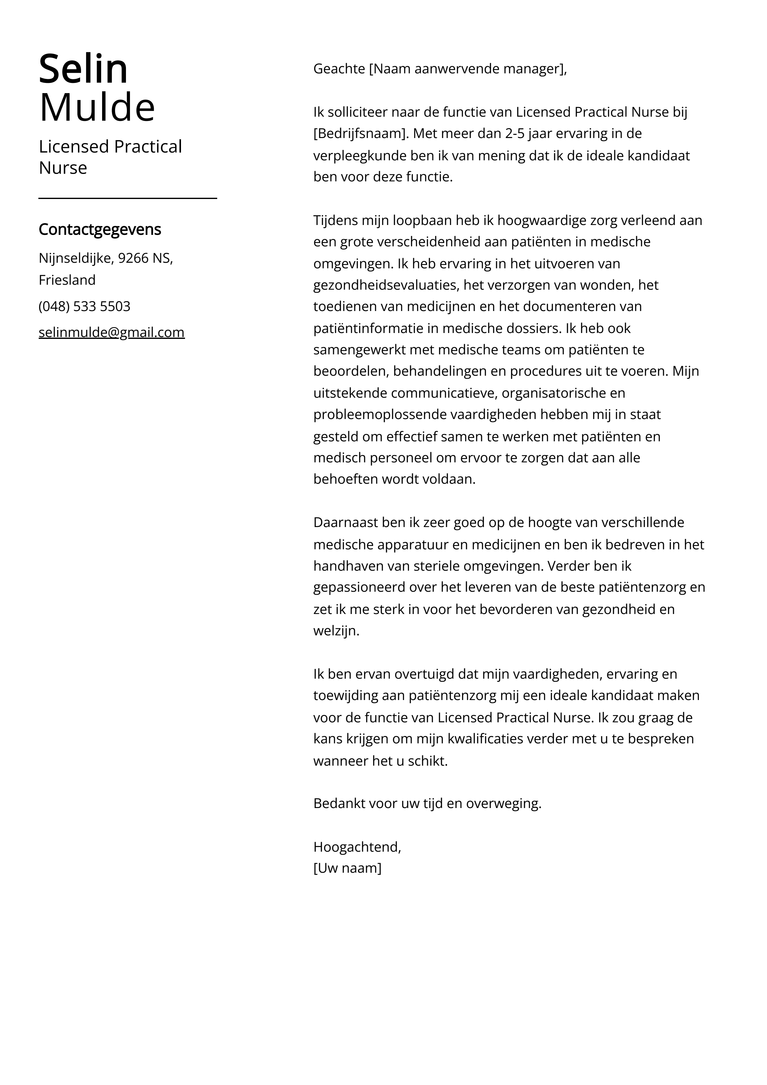 Licensed Practical Nurse Voorbeeld sollicitatiebrief