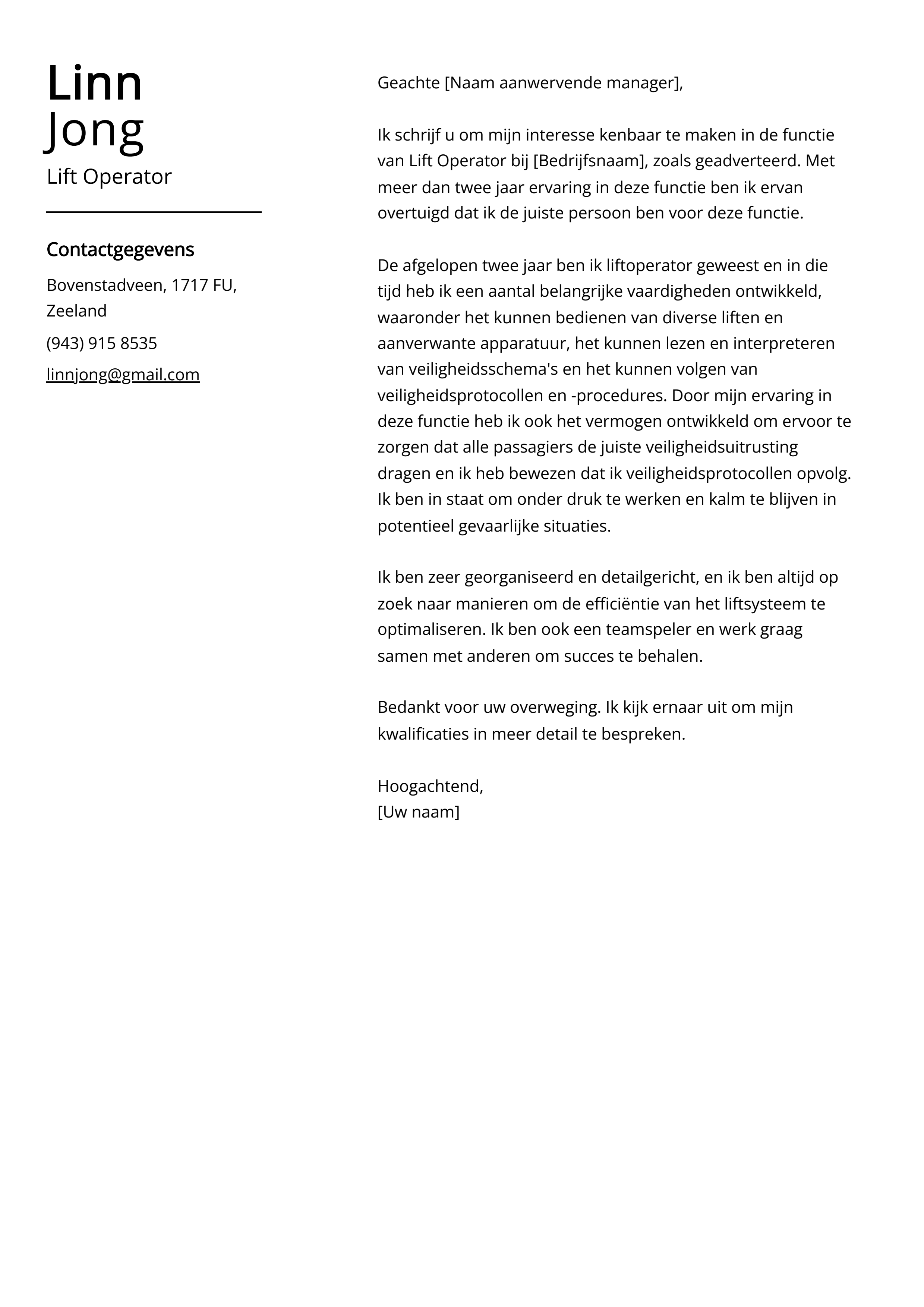 Lift Operator Voorbeeld sollicitatiebrief