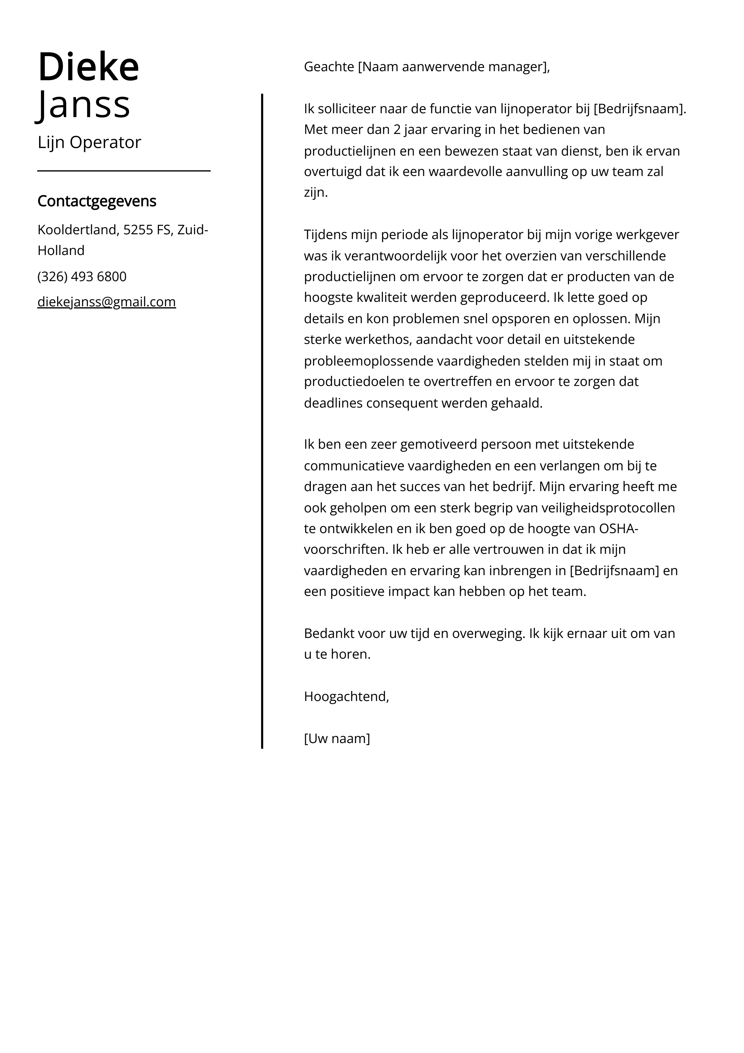 Lijn operator sollicitatiebrief voorbeeld