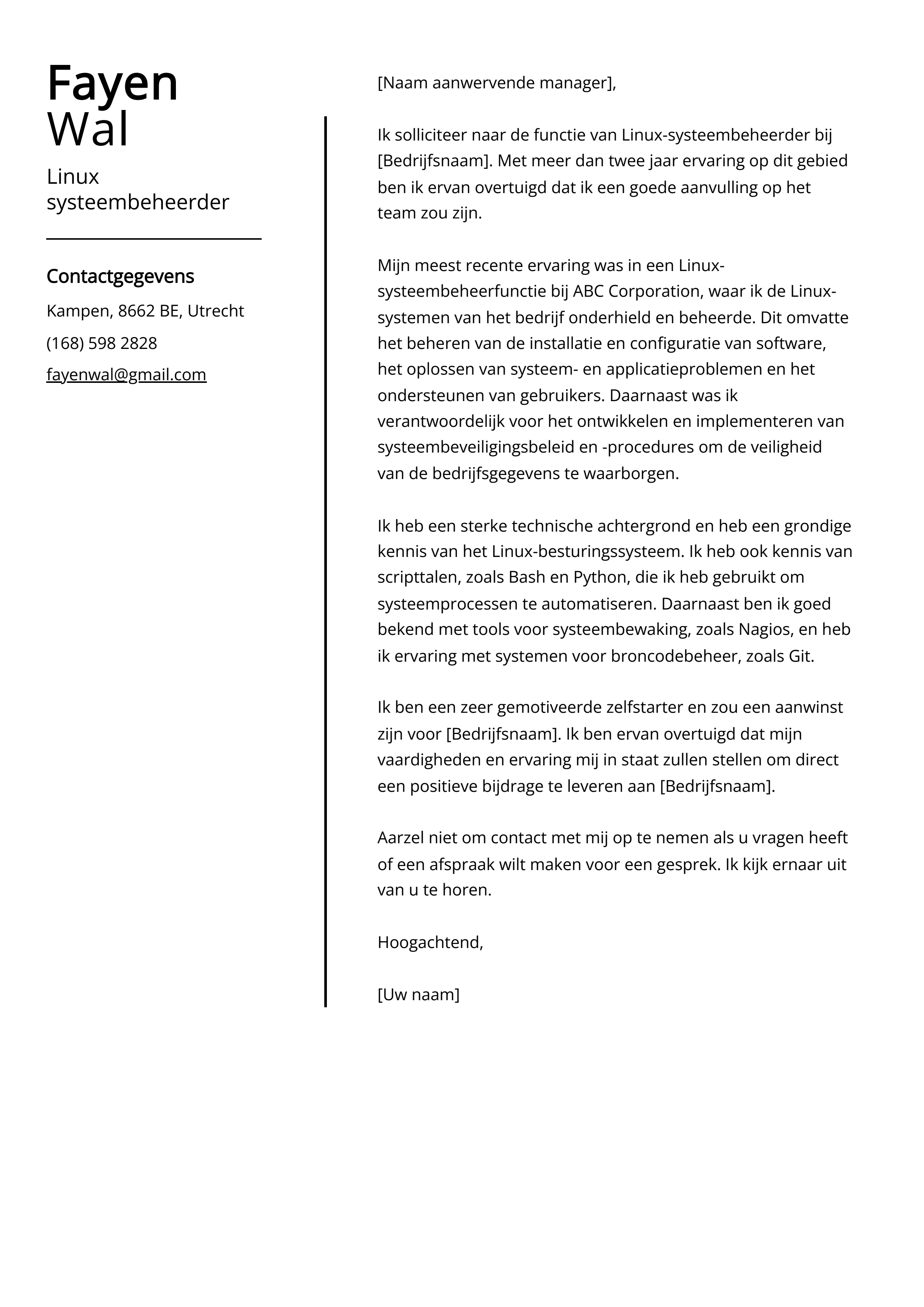 Linux systeembeheerder Cover Letter Voorbeeld