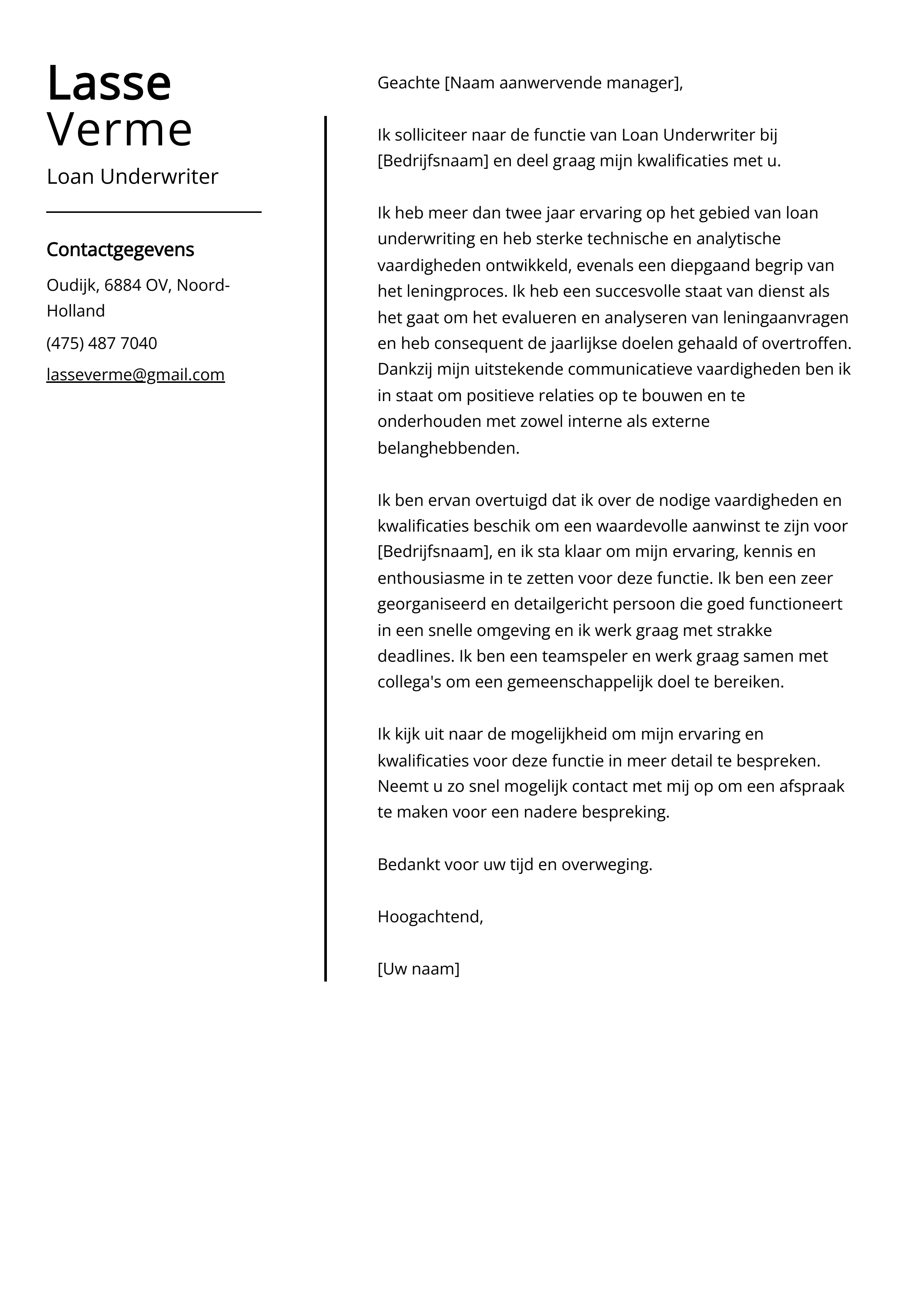 Loan Underwriter Voorbeeld sollicitatiebrief