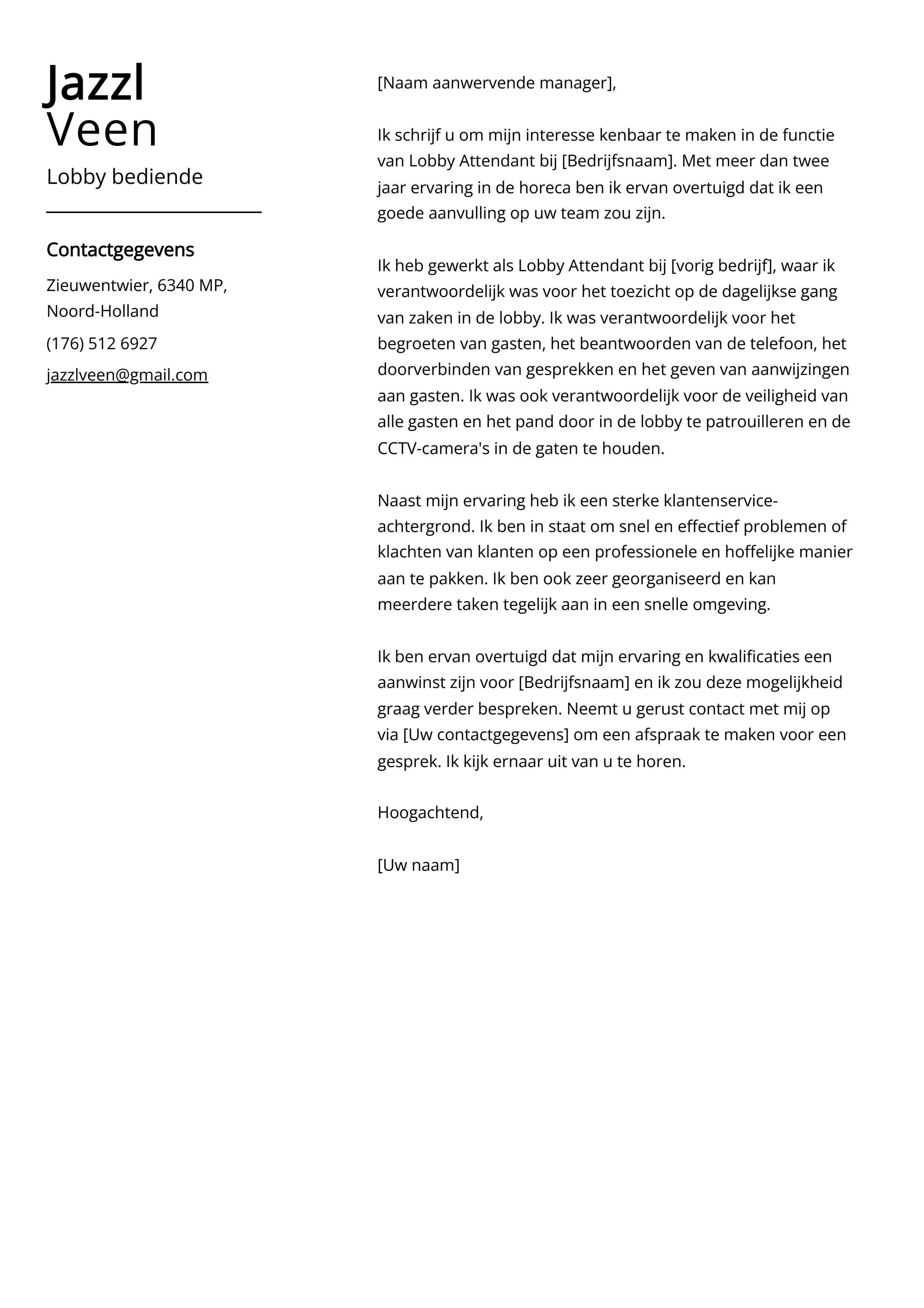 Lobby bediende Cover Letter Voorbeeld