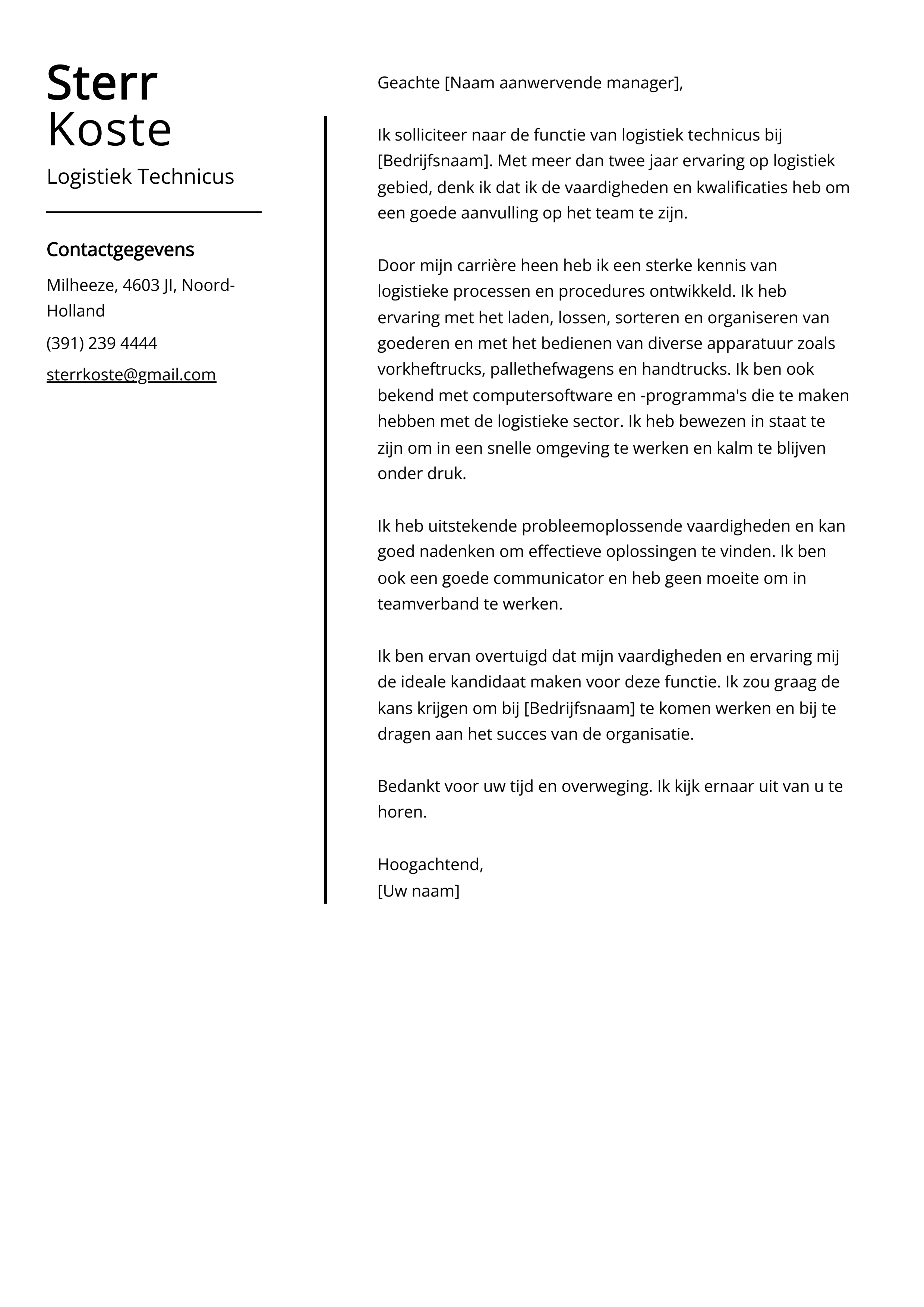 Logistiek Technicus Voorbeeld sollicitatiebrief