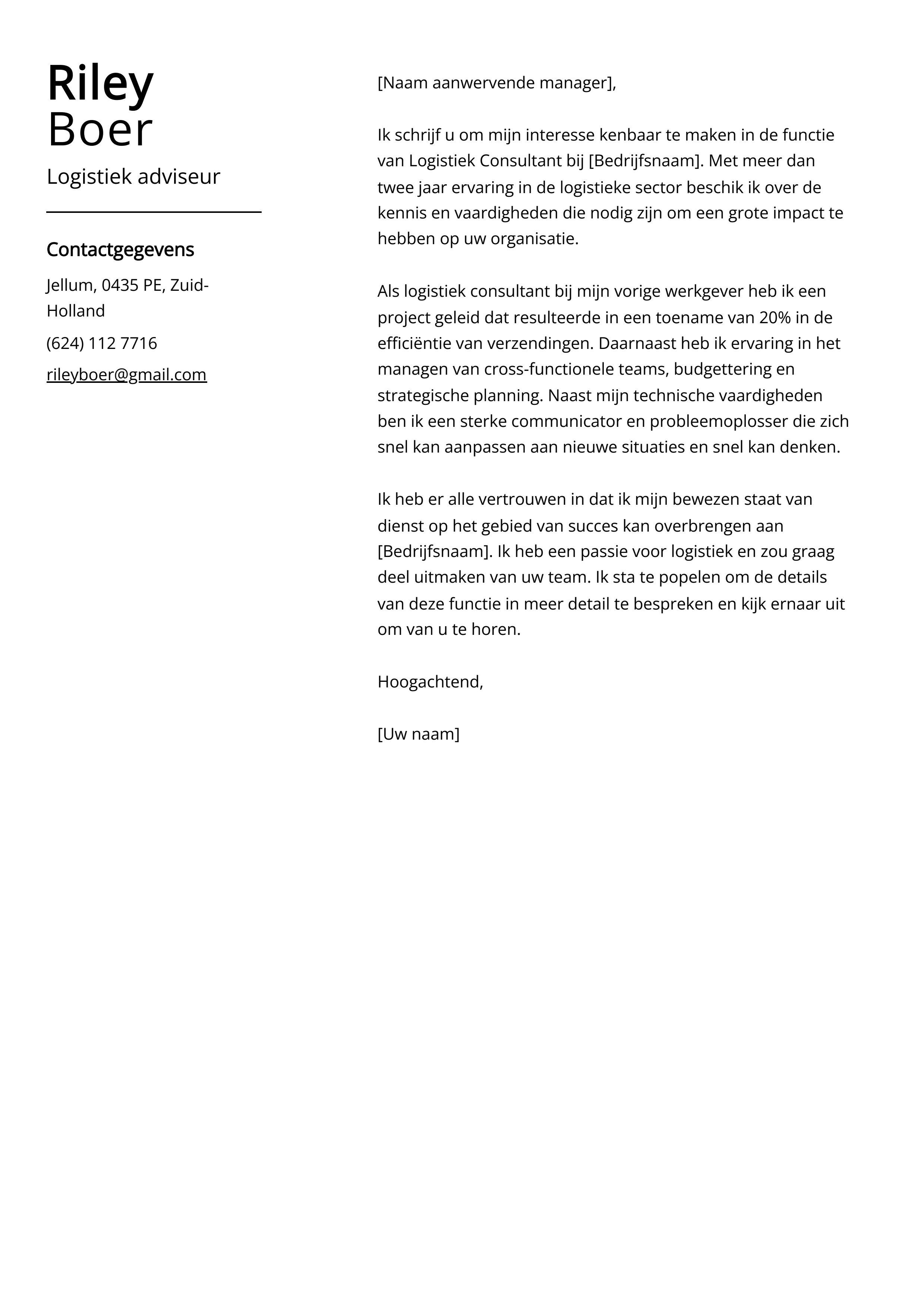 Logistiek adviseur Cover Letter Voorbeeld