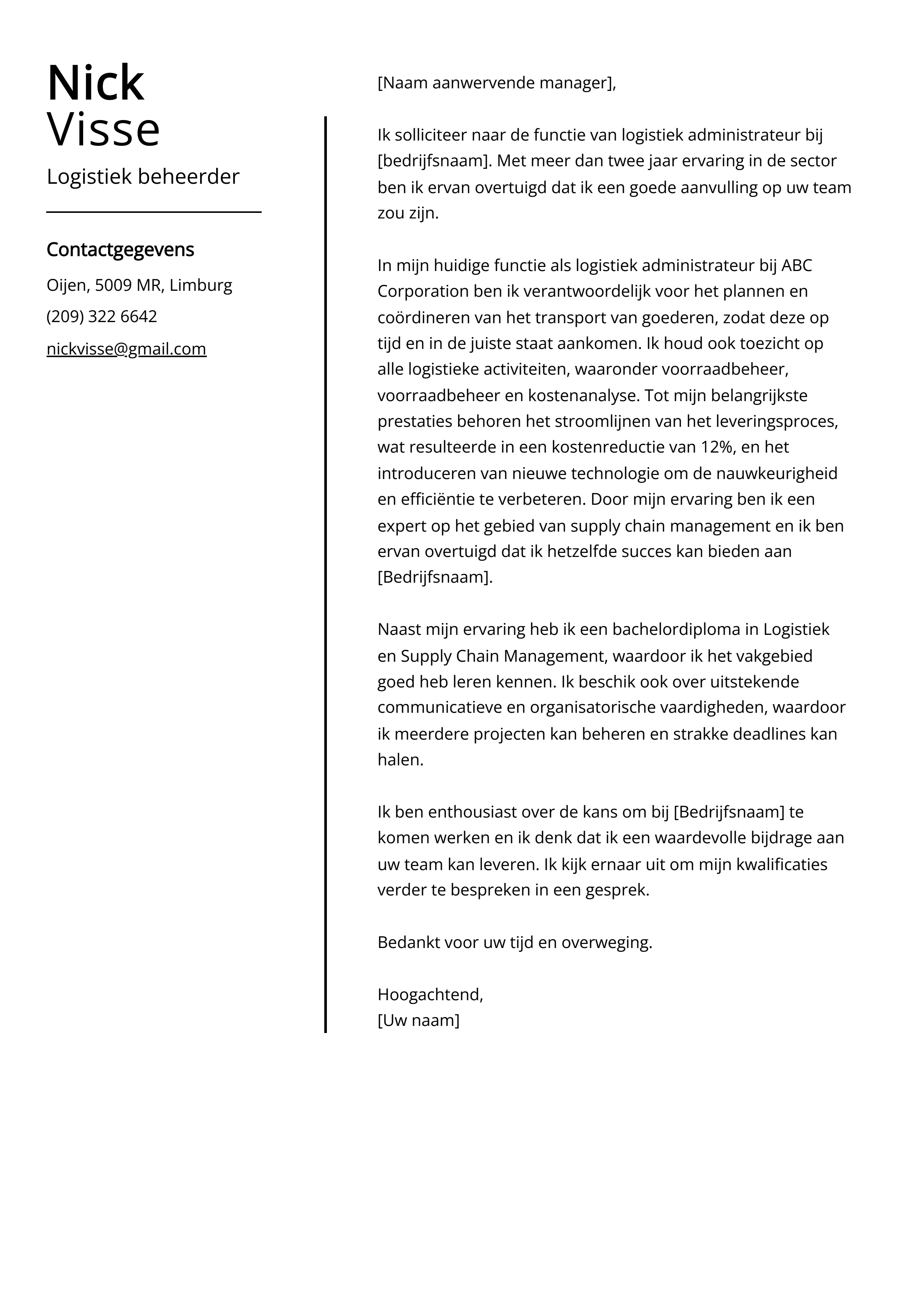 Logistiek beheerder Cover Letter Voorbeeld