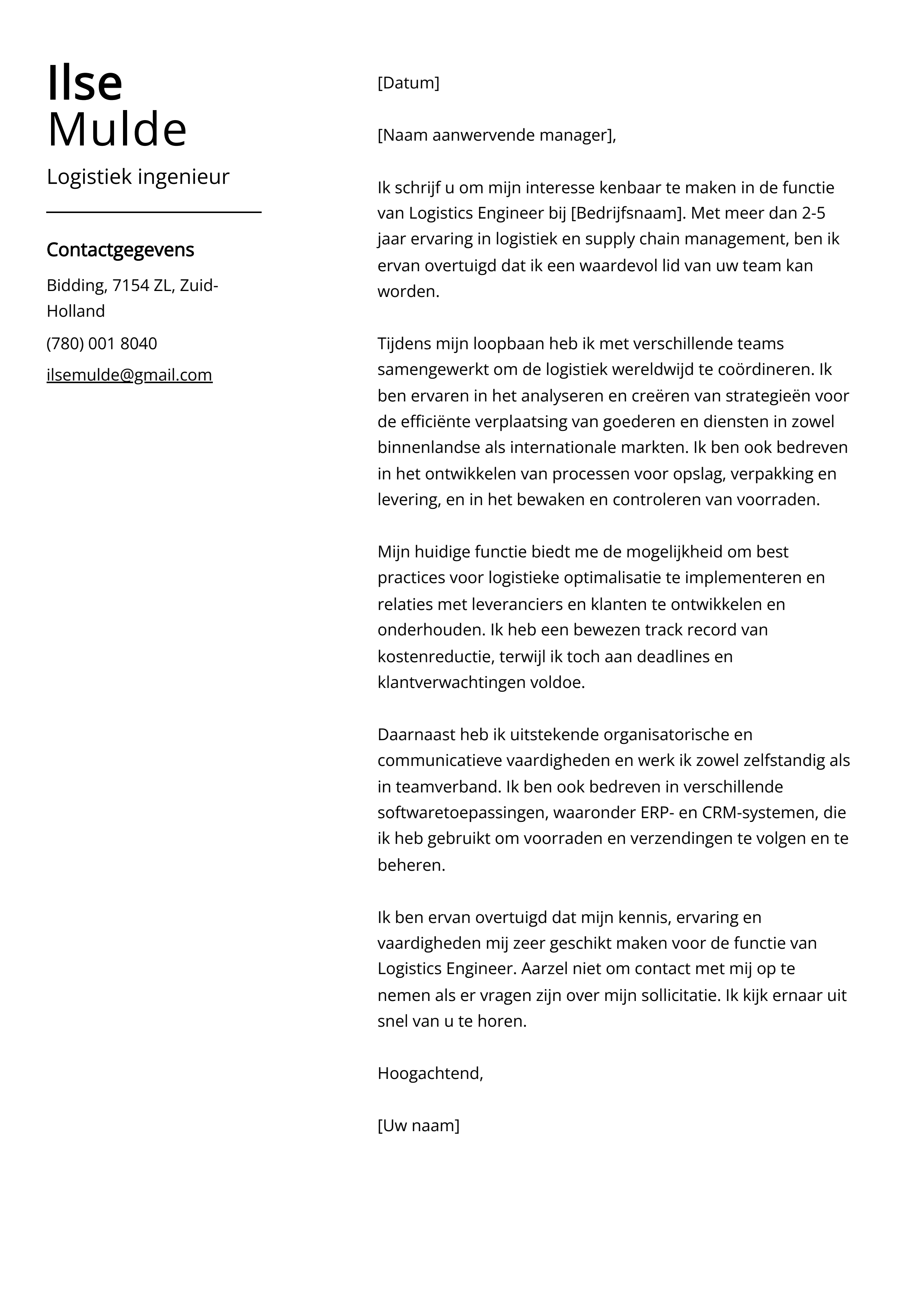 Logistiek ingenieur Sollicitatiebrief Voorbeeld