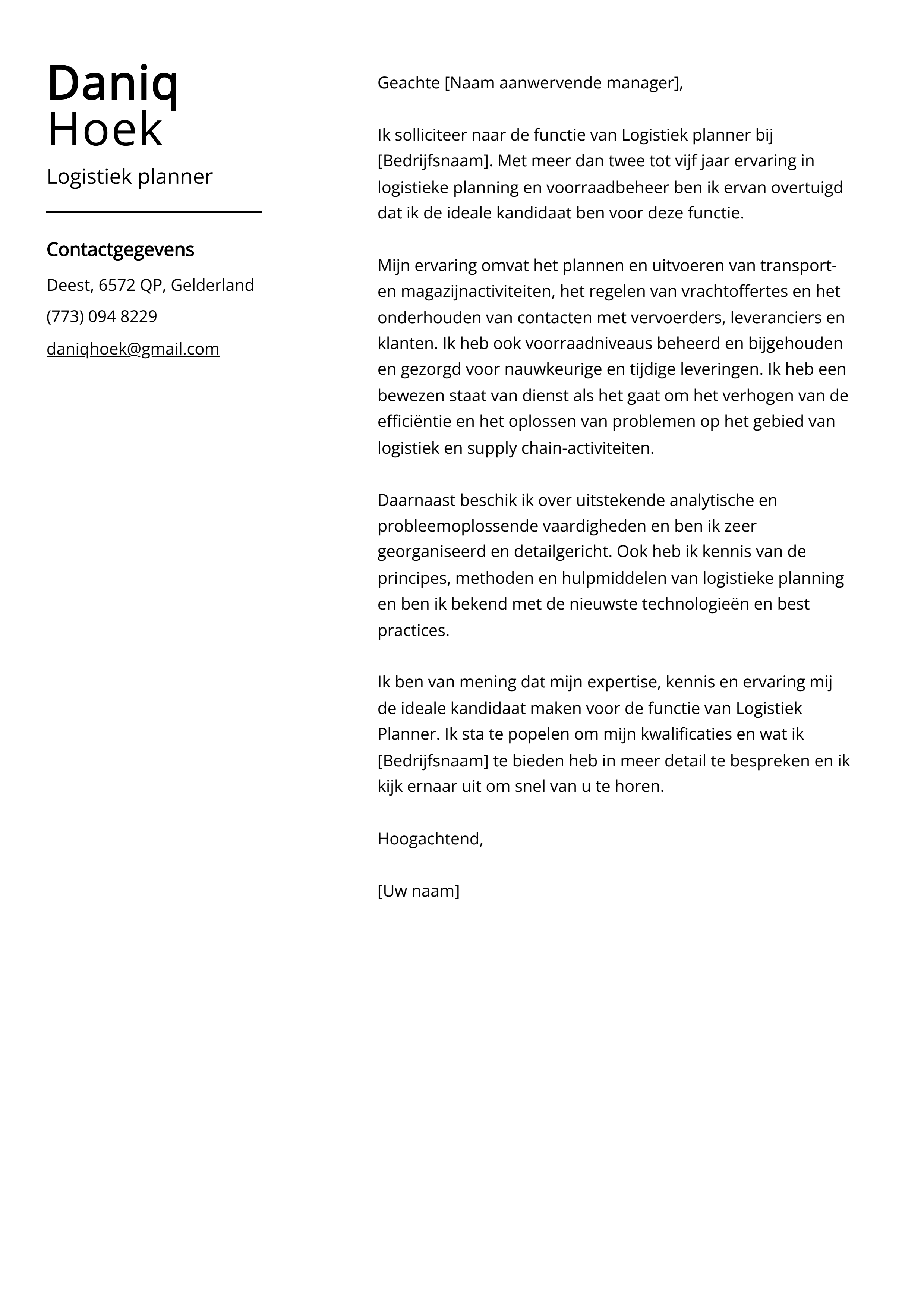 Logistiek planner Voorbeeld sollicitatiebrief