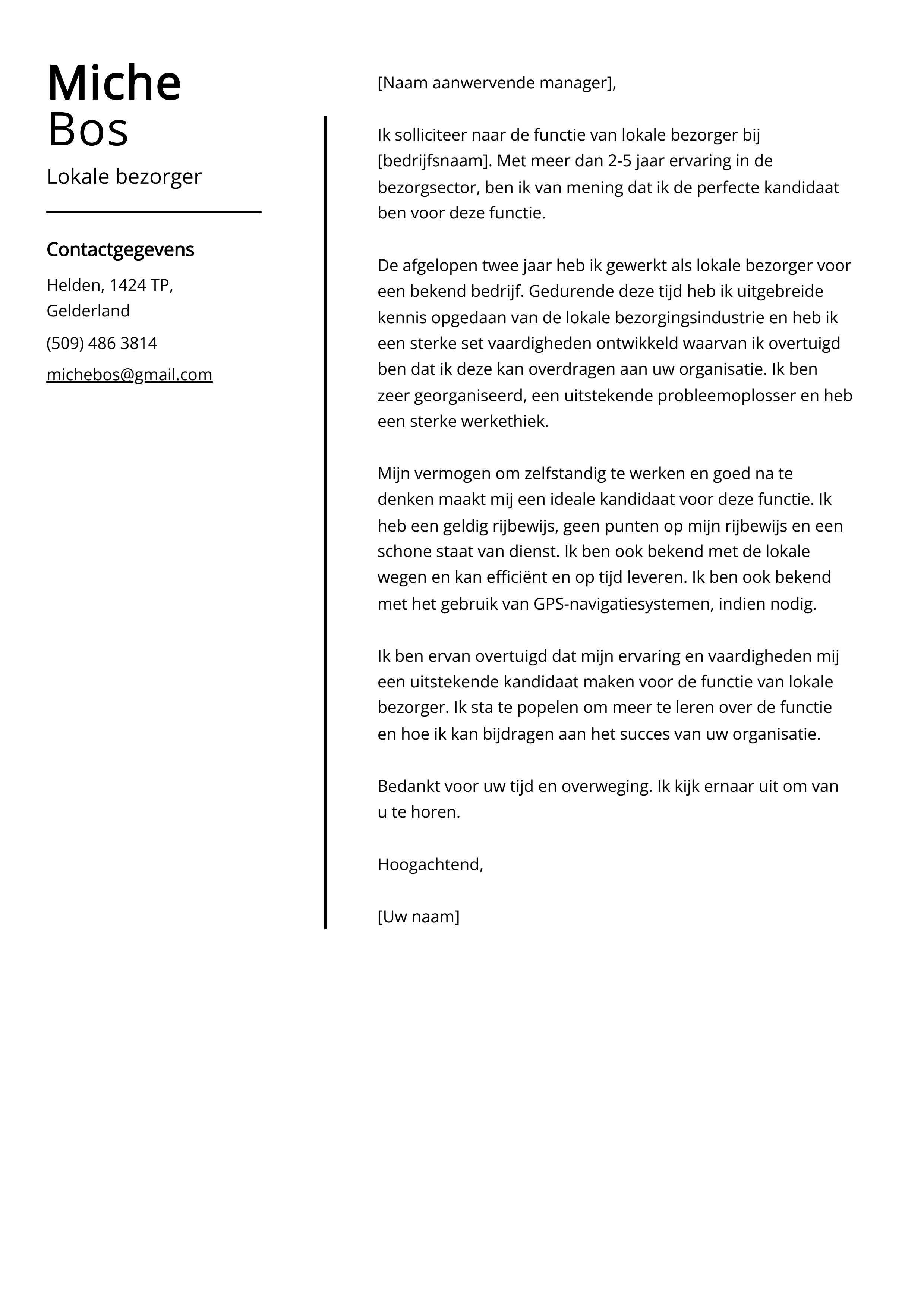 Lokale bezorger sollicitatiebrief voorbeeld