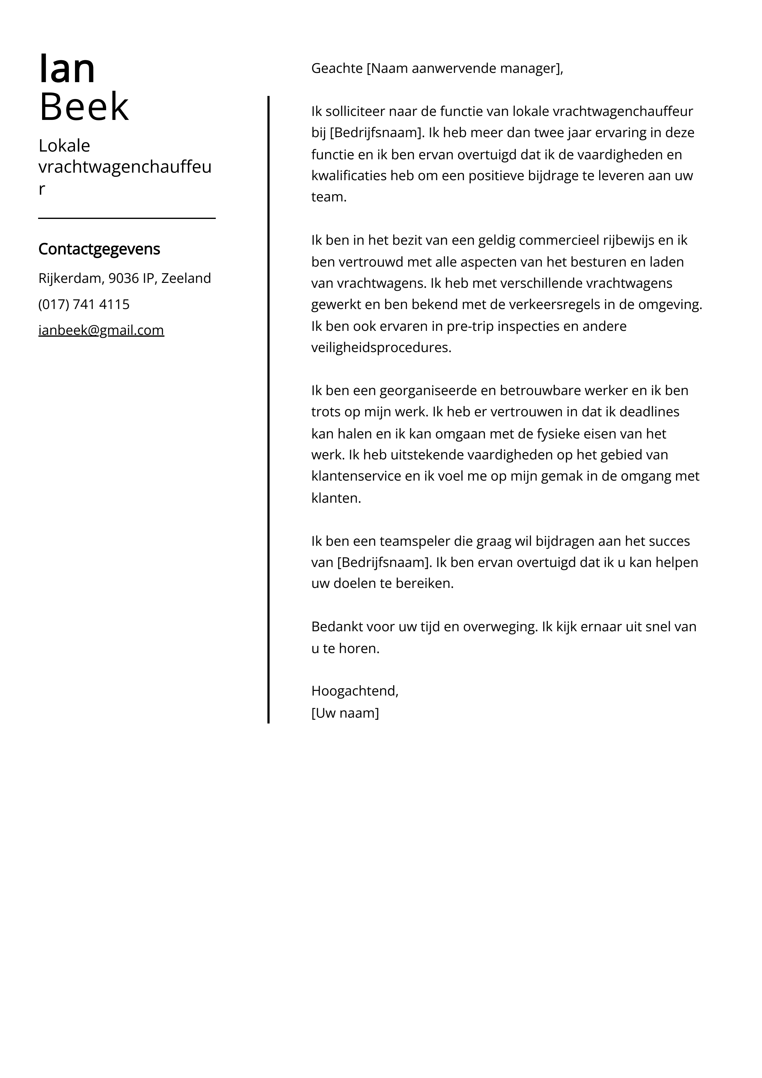 Lokale vrachtwagenchauffeur Voorbeeld sollicitatiebrief