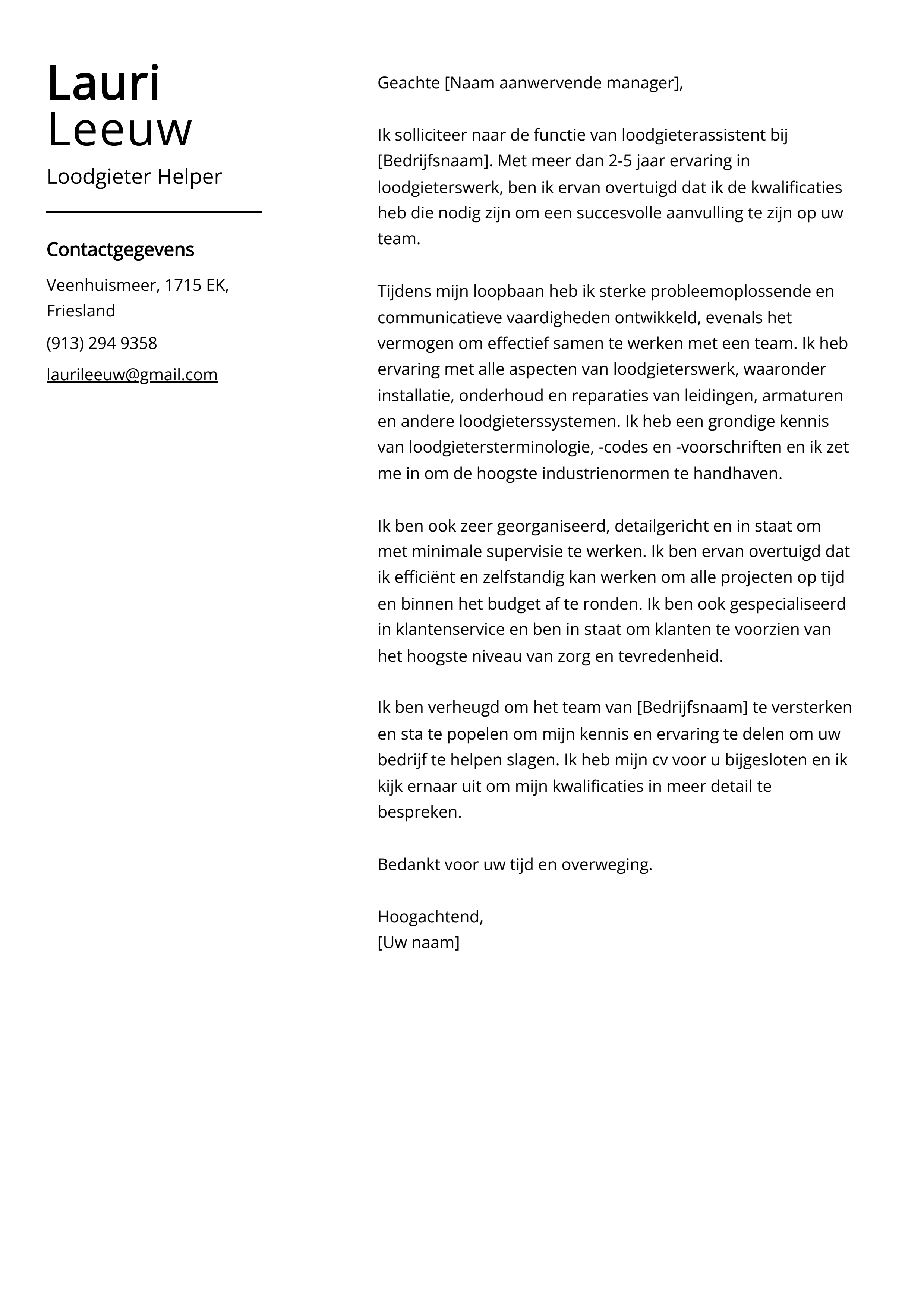 Loodgieter Hulpkracht Voorbeeld sollicitatiebrief